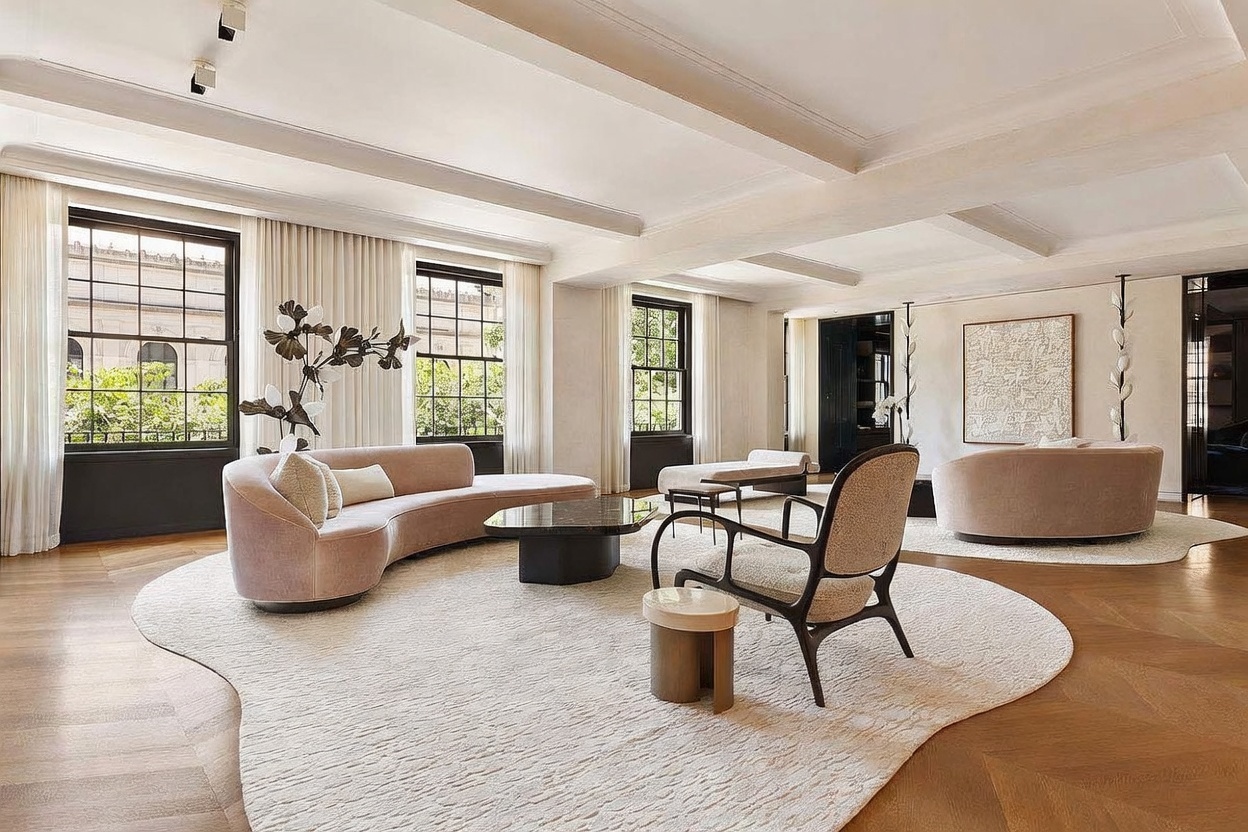 This sophisticated living room features a spacious, open-concept layout with light-toned walls and elegant herringbone wood flooring. The room is anchored by a large, organic-shaped area rug and furnished with curved, contemporary seating, including a plush sofa and a dark-framed accent chair. Large windows with soft drapery allow natural light to fill the space, highlighting the coffered ceiling and minimalist decor.