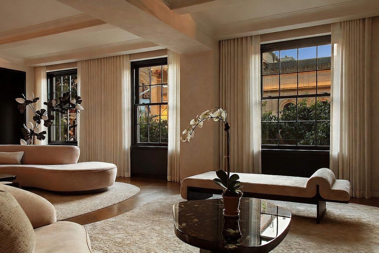 This sophisticated living room features a neutral color palette with plush, curved seating and a dark, polished stone coffee table. Tall windows with elegant floor-length curtains frame views of lush greenery outside, allowing soft natural light to fill the space. A delicate orchid sits as a centerpiece, enhancing the serene and upscale atmosphere of the room.