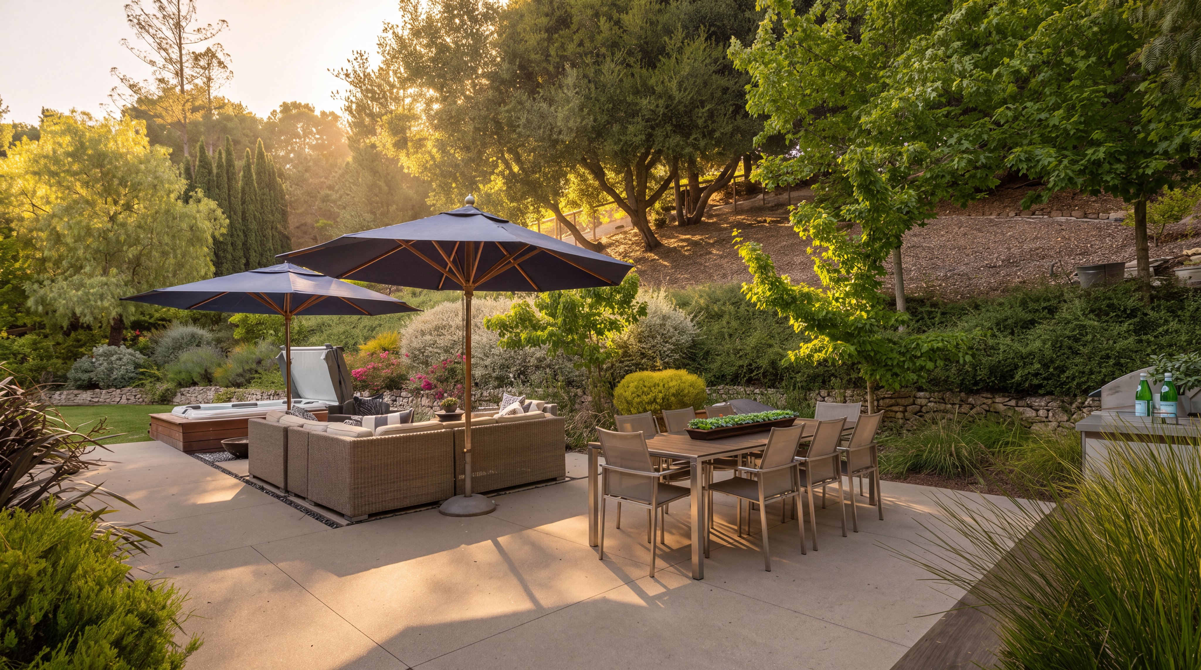 This spacious outdoor patio features a comfortable lounge area shaded by two large blue umbrellas and a formal dining set, perfect for al fresco entertaining. The concrete surface transitions into a lush, landscaped backyard with mature trees and a stone retaining wall, creating a serene and private atmosphere. A hot tub is tucked away to the side, enhancing the resort-like feel of this well-appointed outdoor living space.