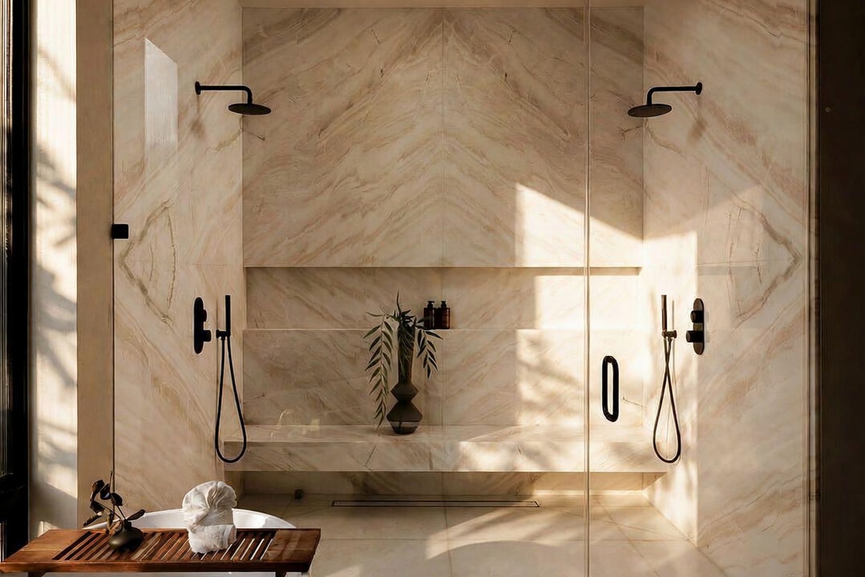 This luxurious walk-in shower features expansive light-toned stone walls with dramatic veining and a built-in bench. The space is equipped with dual shower heads and handheld sprayers in a matte black finish, complemented by a recessed niche for toiletries. A glass partition separates the shower from the rest of the room, where a wooden bath tray rests on a soaking tub in the foreground.