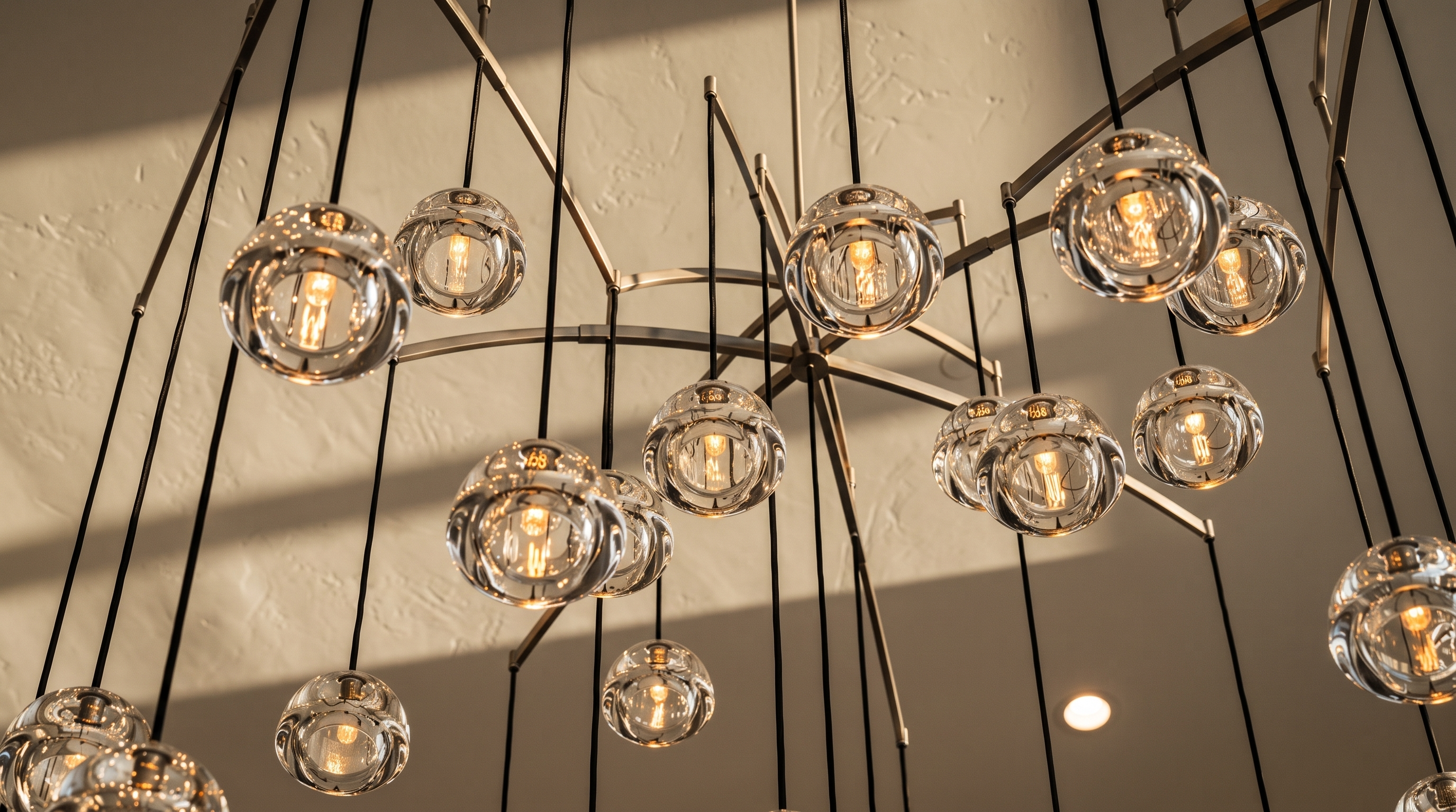 This image captures a modern, multi-pendant chandelier featuring numerous clear glass globes suspended at varying heights from a central metallic frame. Each globe houses a warm-toned light source, creating a sophisticated and artistic focal point. The perspective is looking upward, emphasizing the intricate arrangement and the interplay of light and shadow within the fixture.