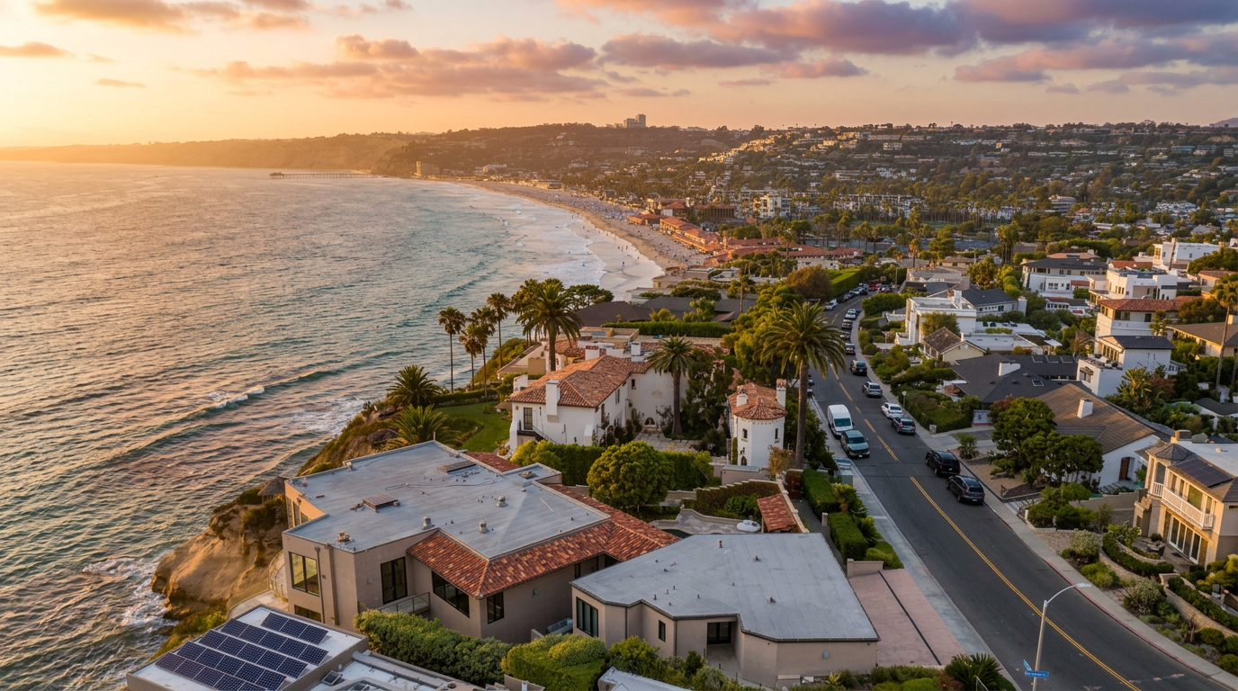This high-angle aerial view captures a luxurious coastal property perched on a cliffside overlooking the Pacific Ocean. The scene features a multi-level residence with terracotta-tiled roofs, solar panels, and a private pool, set against a backdrop of a sprawling sandy beach and a vibrant coastal town. The perspective emphasizes the prime location, showcasing the seamless transition from the private estate to the expansive ocean horizon.