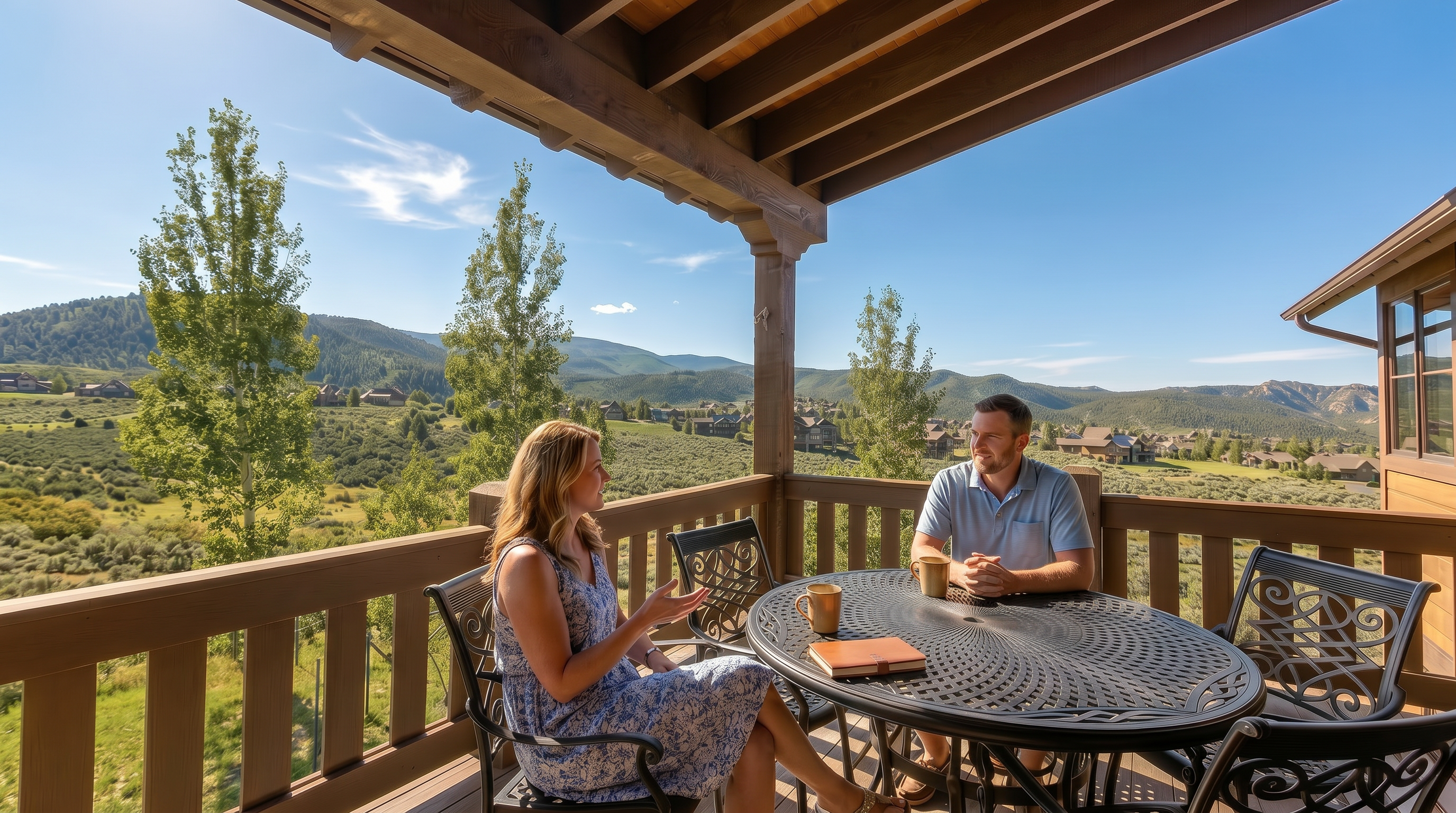 This elevated wooden deck offers a stunning, panoramic view of a snow-covered mountain landscape and a residential valley. The space is furnished with a classic black metal patio set, creating an inviting spot to enjoy the crisp outdoor scenery. The architectural design features sturdy timber beams and railings, emphasizing a rustic, mountain-lodge aesthetic.