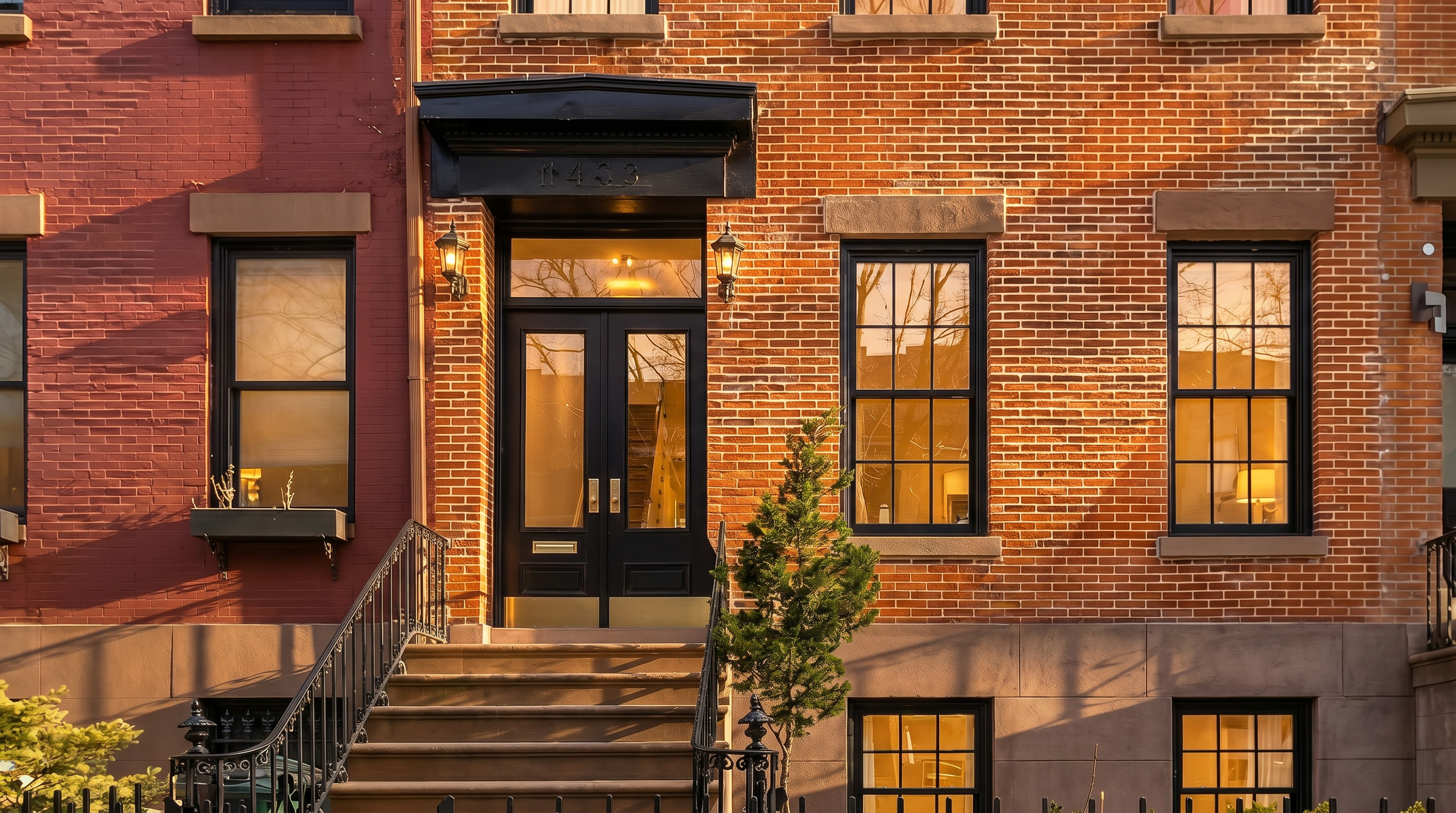 This image captures a classic, multi-story brick townhouse from a straight-on, eye-level perspective, showcasing its traditional architectural charm. The facade features symmetrical window placement, a prominent dark-framed entryway with a stoop, and a decorative cornice at the roofline. A wrought-iron fence and a small, well-maintained garden bed in the foreground add to the inviting, urban residential aesthetic.