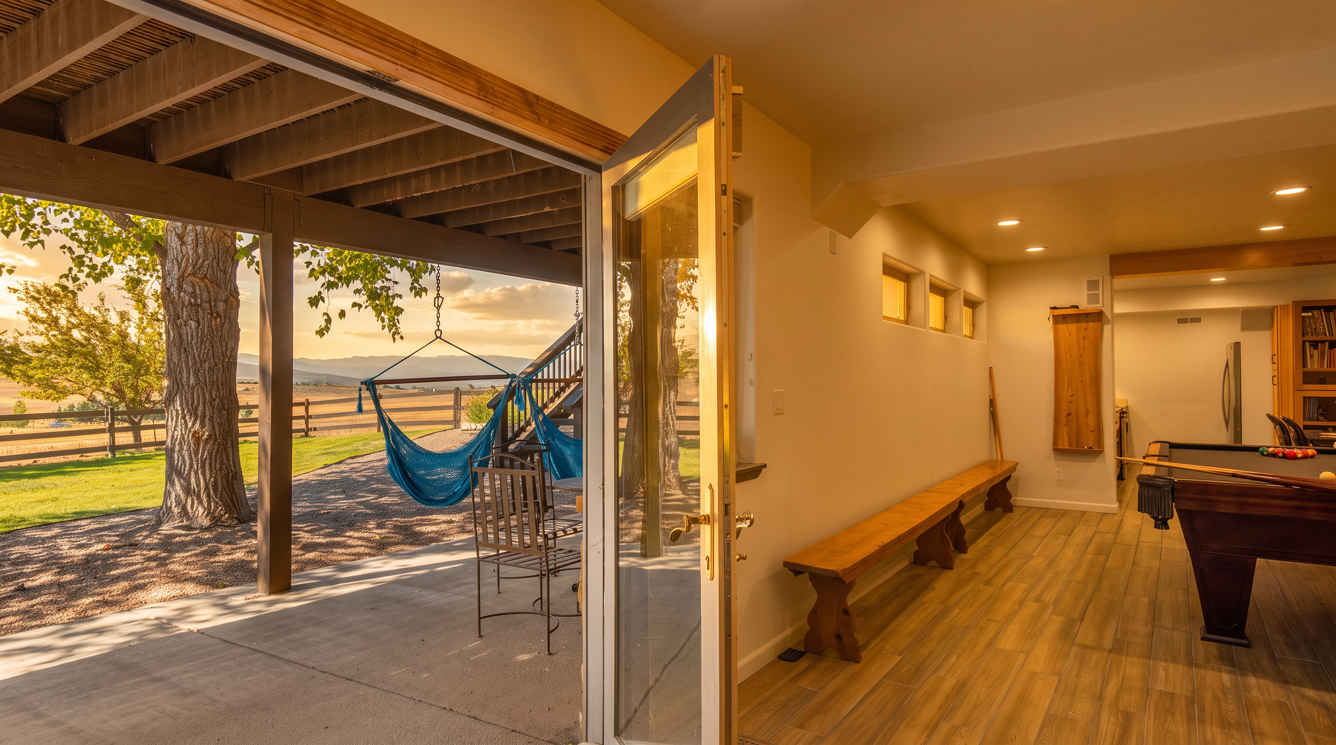 This spacious, open-concept basement features a pool table and integrated seating, making it an excellent recreational area for entertainment. The room flows seamlessly onto an outdoor patio through a large glass door, highlighting the property's connection between indoor living and the scenic, natural exterior. The space utilizes a neutral color palette with warm wood-look flooring and recessed lighting, creating a comfortable and inviting atmosphere.