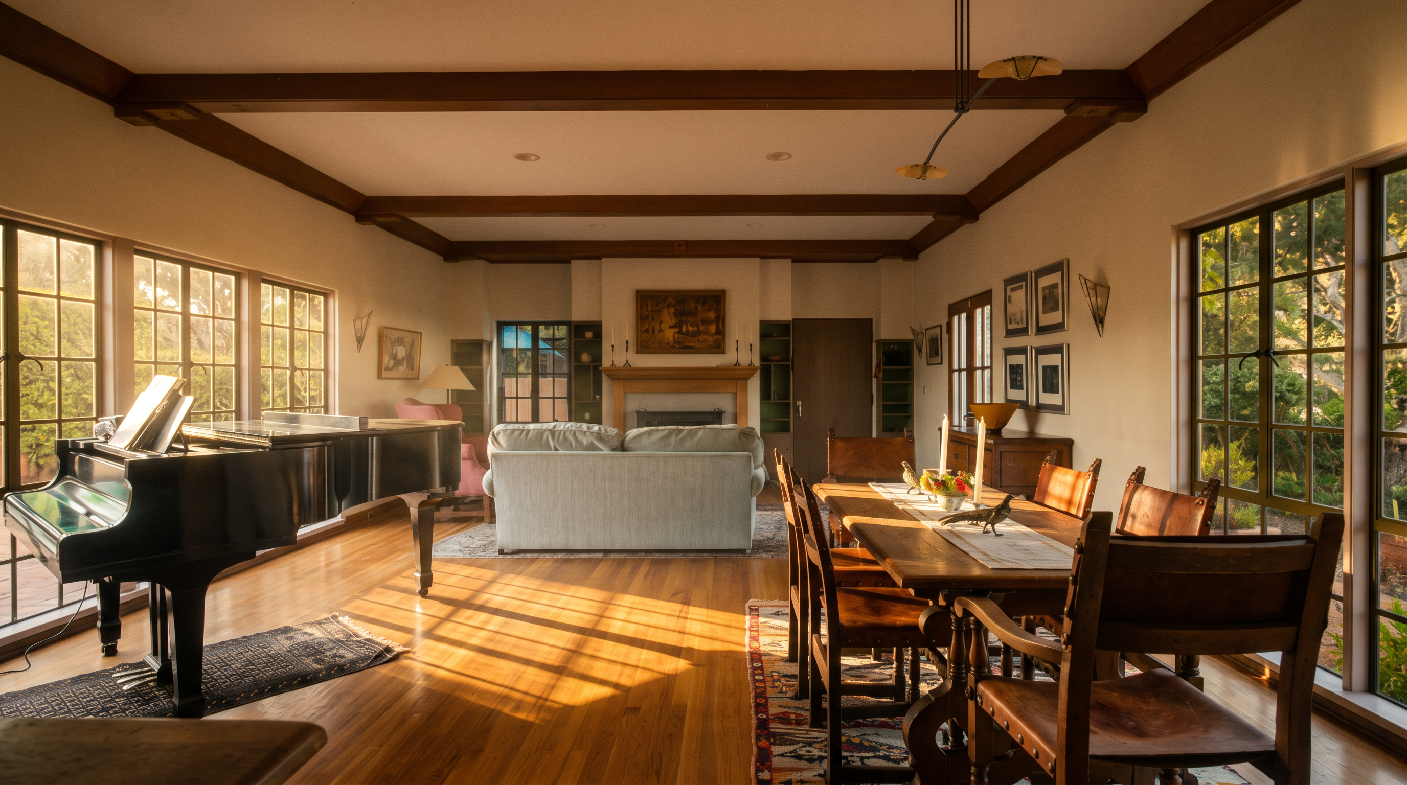 This spacious, open-concept living and dining area features warm wood flooring and a coffered ceiling with exposed beams. A grand piano sits prominently in the foreground, while a comfortable seating area with a sofa faces a traditional fireplace with a wooden mantel. Large windows line the walls, flooding the room with natural light and providing views of the surrounding greenery.