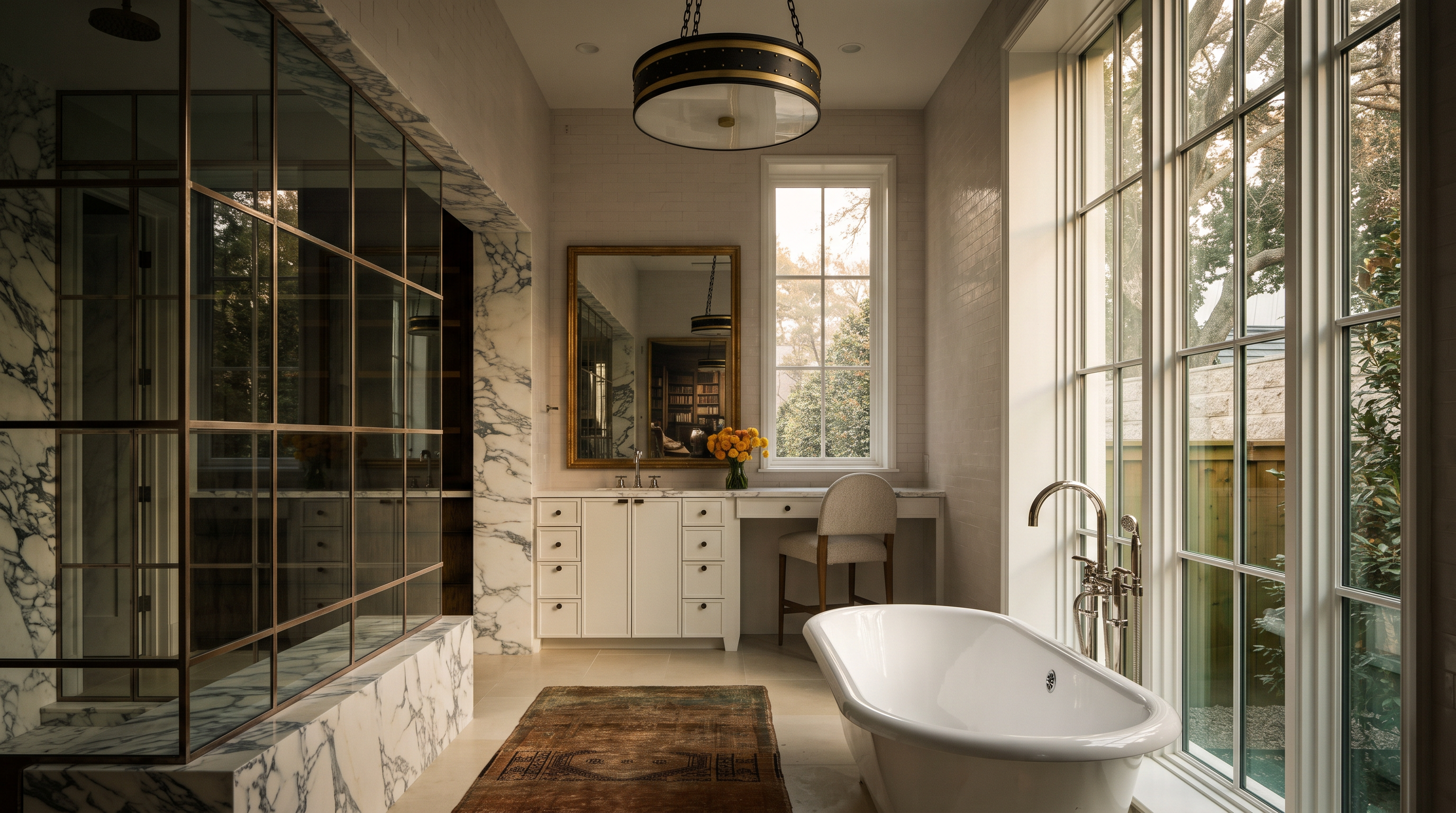 This luxurious primary bathroom features a freestanding soaking tub positioned next to large windows that provide ample natural light. A long vanity with a makeup station sits against the back wall, complemented by a decorative pendant light and a vintage-style runner rug on the stone floor. To the left, a glass-enclosed shower area is framed by elegant stone detailing, creating a sophisticated and serene atmosphere.