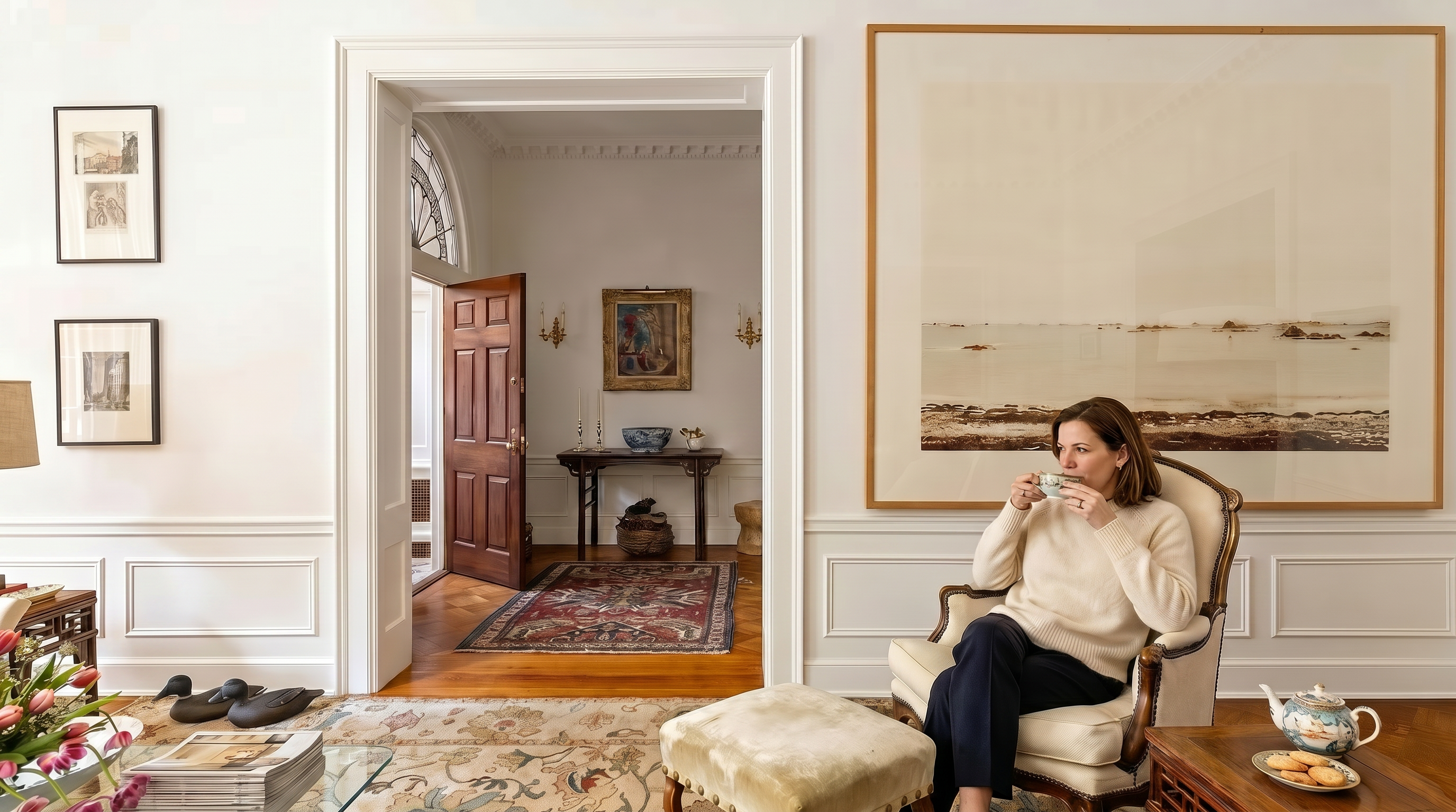 This elegant living room features classic architectural details, including intricate crown molding and wainscoting, paired with a sophisticated, neutral color palette. A large, serene landscape print hangs above a plush cream armchair and matching ottoman, while a doorway leads into a bright, welcoming foyer with a traditional rug and wooden door. The space exudes a refined, timeless aesthetic, perfect for a high-end residential listing.