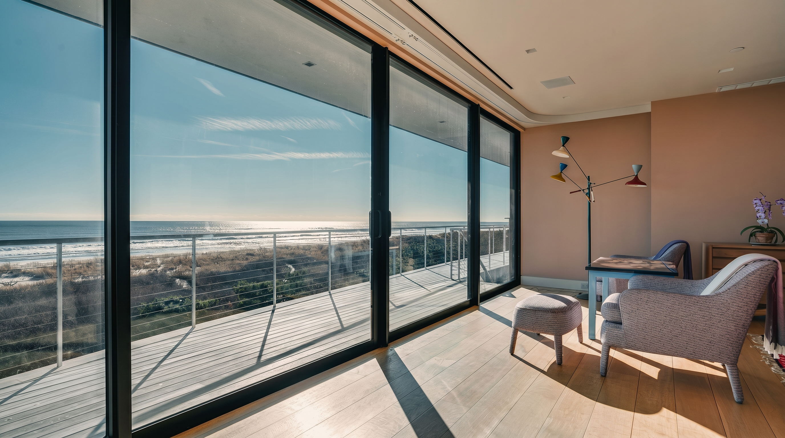 This bright, modern living space features expansive floor-to-ceiling glass sliding doors that frame a panoramic view of the ocean and a private wooden deck. The room is furnished with a comfortable armchair, a matching ottoman, and a unique multi-armed floor lamp, all set against light wood flooring and soft peach-toned walls. The perspective captures a serene, sun-drenched atmosphere that emphasizes the seamless connection between the indoor living area and the coastal landscape.