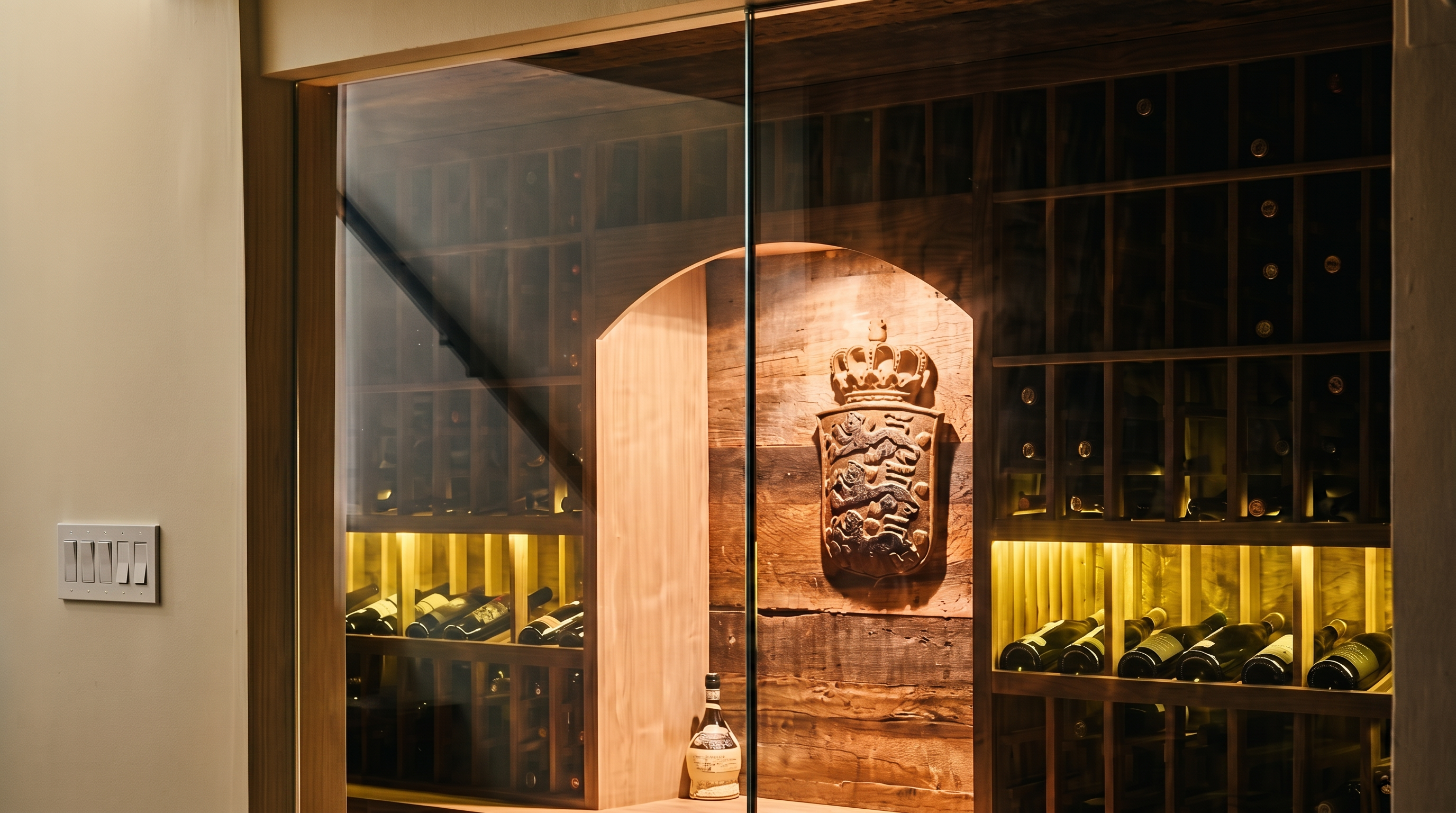 This sophisticated wine cellar features custom wood shelving with integrated undermount lighting, highlighting a collection of wine bottles. A prominent stone or metal heraldic plaque is centered within an arched alcove, adding a custom, luxury touch to the space. The entire display is enclosed behind glass, creating a refined and temperature-controlled showcase suitable for high-end residential living.
