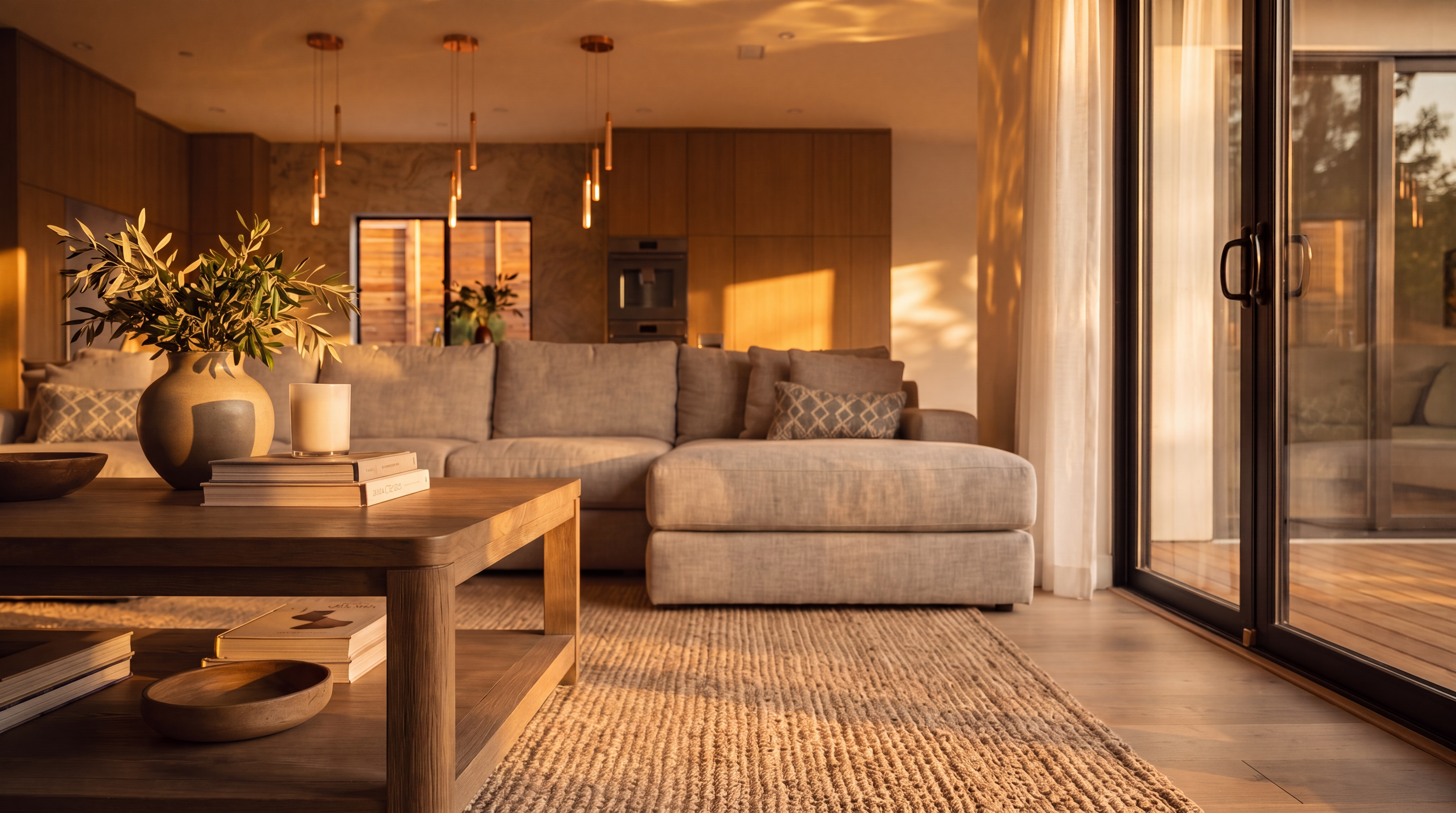 This serene, contemporary living room features a plush grey sectional sofa and a warm-toned wooden coffee table, creating an inviting atmosphere. Large sliding glass doors bathe the space in soft, golden hour sunlight, highlighting the elegant decor including a ceramic vase, stacked books, and a textured area rug. The open-concept design seamlessly flows into the background kitchen, showcasing a modern, sophisticated aesthetic.