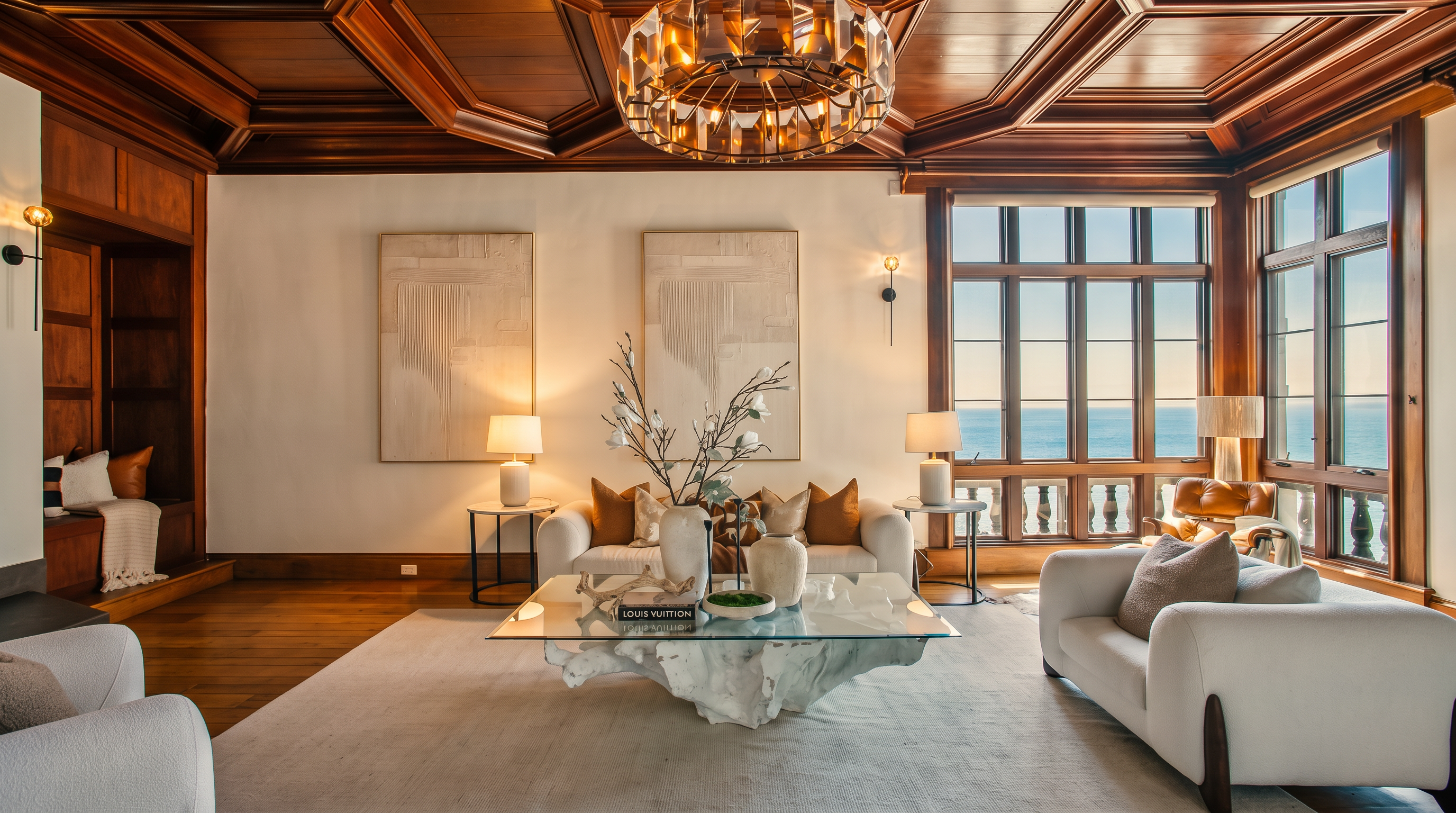 This sophisticated living room features a dramatic coffered wood ceiling and expansive windows that offer a panoramic view of the ocean. The space is anchored by a unique glass-topped coffee table with a sculptural base, surrounded by plush white sofas and neutral-toned decor. The room exudes a refined, coastal-luxury aesthetic, enhanced by warm ambient lighting and elegant wall art.
