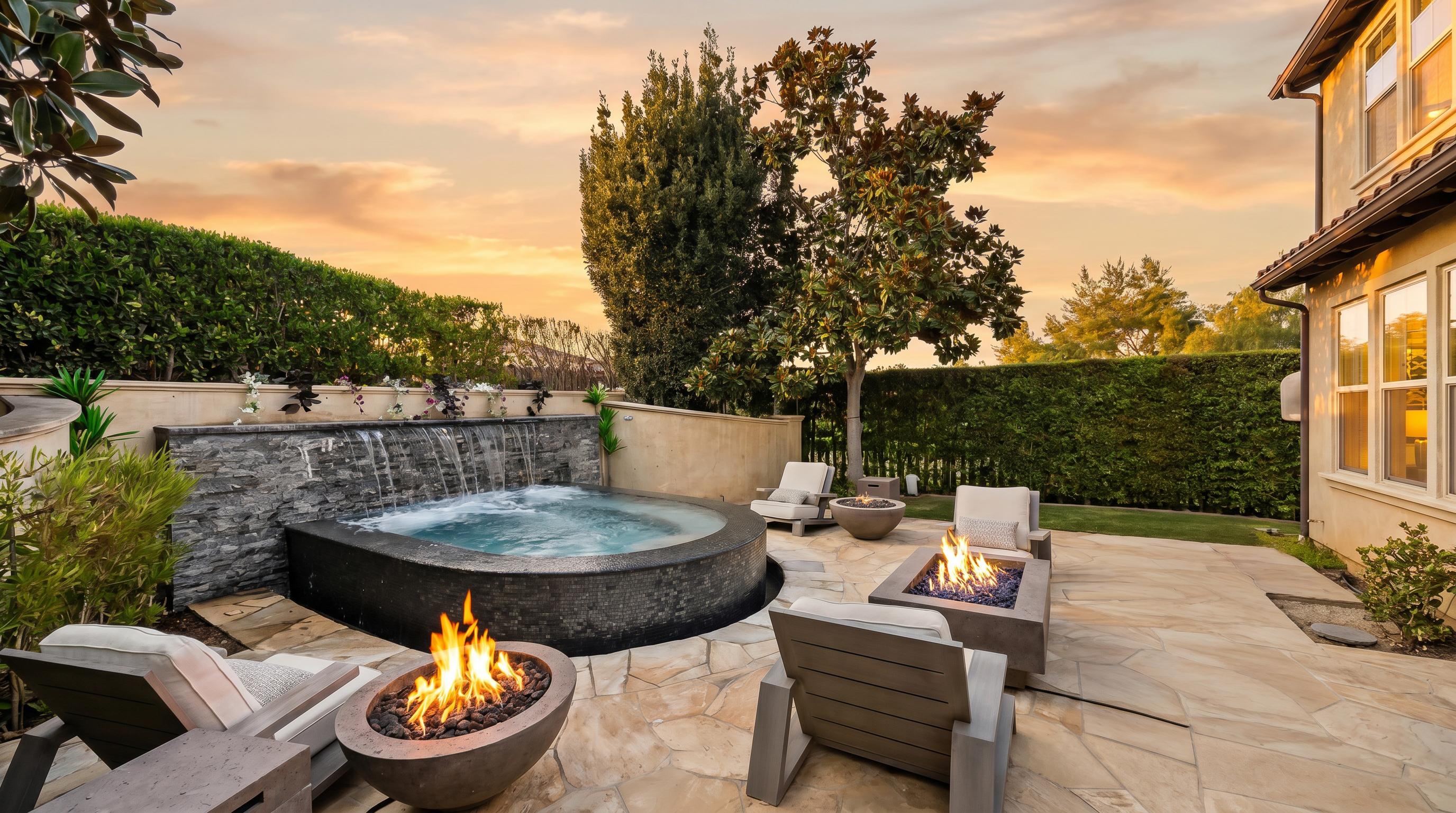 This image showcases a luxurious backyard garden featuring a spa with a waterfall feature, surrounded by lush greenery and mature trees. A cozy seating area with a modern fire pit and comfortable lounge chairs creates an inviting outdoor living space. The stone patio and well-maintained landscaping enhance the property's appeal, perfect for relaxation and entertaining.
