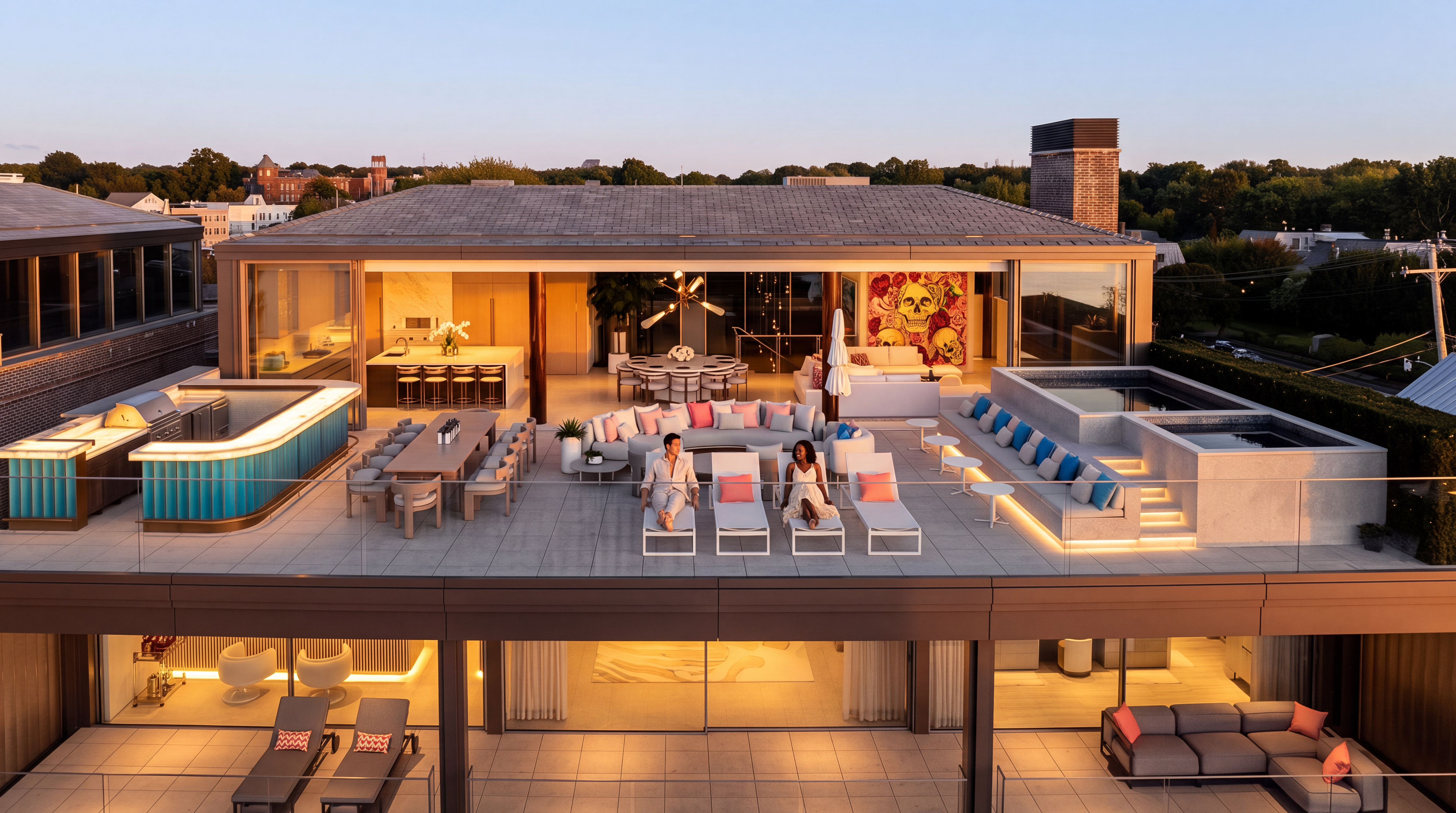 This expansive, multi-level rooftop terrace offers a luxurious and modern outdoor living space complete with a full kitchen, long dining table, and multiple lounge sections. Key features include integrated lighting, dual hot tubs, a bar area, and a vibrant artwork piece, perfectly framed by panoramic views of the city. The sleek, contemporary design creates a premium destination for upscale entertaining.