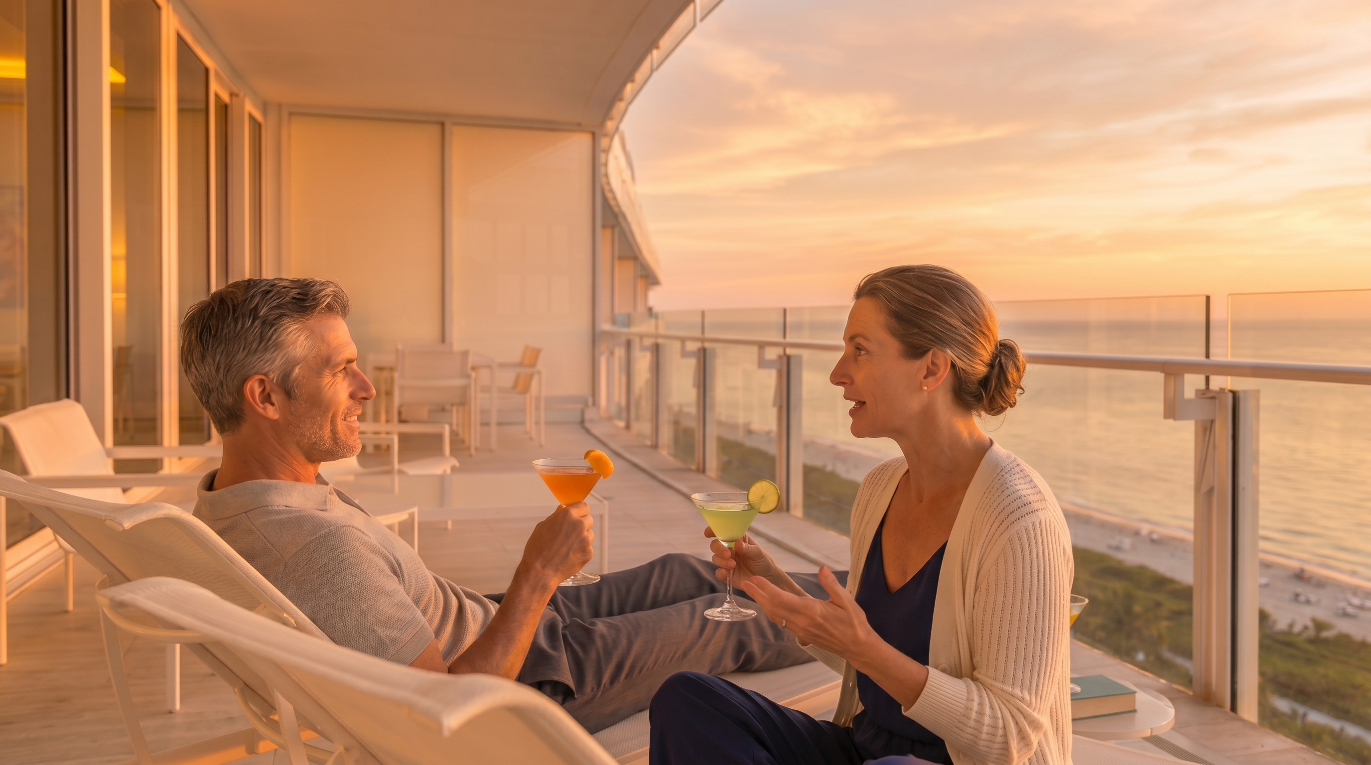 This expansive, curved balcony offers a panoramic view of the ocean and coastline, featuring a sleek glass railing that maximizes the scenery. The space is furnished with several white lounge chairs and a small dining set, creating an ideal outdoor living area. The bright, sunny atmosphere and clean lines emphasize a luxurious, modern coastal lifestyle.