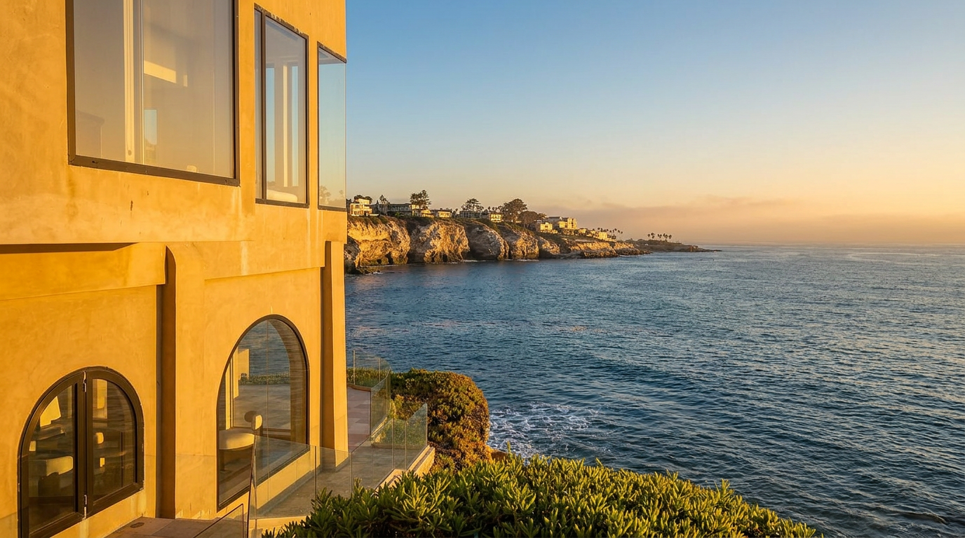 This stunning coastal property features a modern, light-toned stucco exterior with expansive glass windows that capture panoramic ocean views. A sleek glass-railed balcony overlooks the rugged cliffside and the vast blue sea, creating a seamless connection between the home and the natural landscape. The perspective is elevated, showcasing the architectural integration of the residence into its dramatic seaside setting.