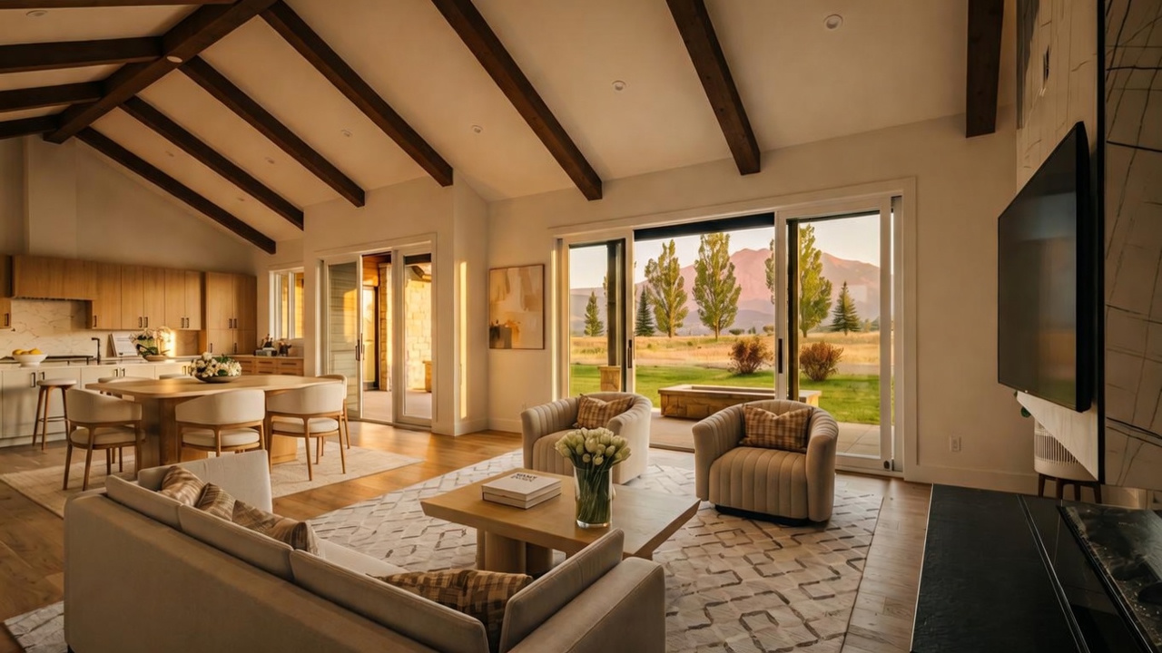 This bright, open-concept living area features a vaulted ceiling with exposed wooden beams and large sliding glass doors that provide expansive views of the landscape. The space is furnished with a neutral-toned sofa, two matching armchairs, and a light wood coffee table centered on a patterned area rug. A kitchen with light wood cabinetry and a dining island is visible in the background, creating a cohesive and airy living environment.