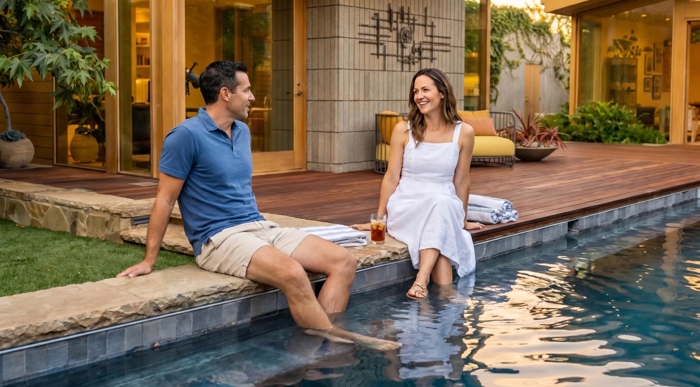 This contemporary residence features a multi-level design with warm wood siding and a distinctive gray tiled accent wall. A spacious wooden deck surrounds a rectangular swimming pool, creating a seamless transition between the indoor living spaces and the outdoor area. The property includes a separate pool house structure with large sliding glass doors, all set against a backdrop of lush greenery and a clear blue sky.