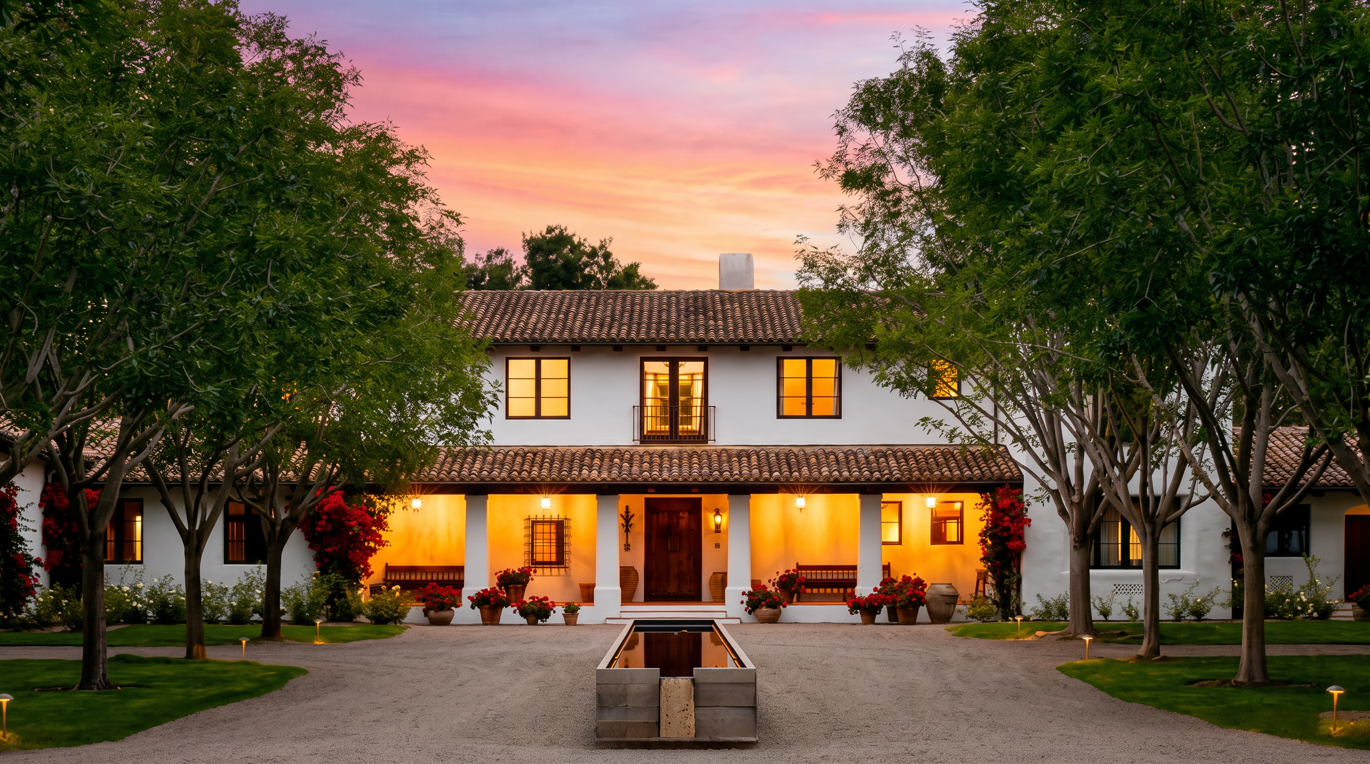 This elegant Mediterranean-style estate features a symmetrical white stucco facade with a classic terracotta tile roof and a covered front porch. A long, gravel driveway leads directly to the home's entrance, centered by a rectangular water feature that adds a sense of grandeur. The property is framed by mature trees and lush green lawns, all set against a vibrant, colorful sunset sky.