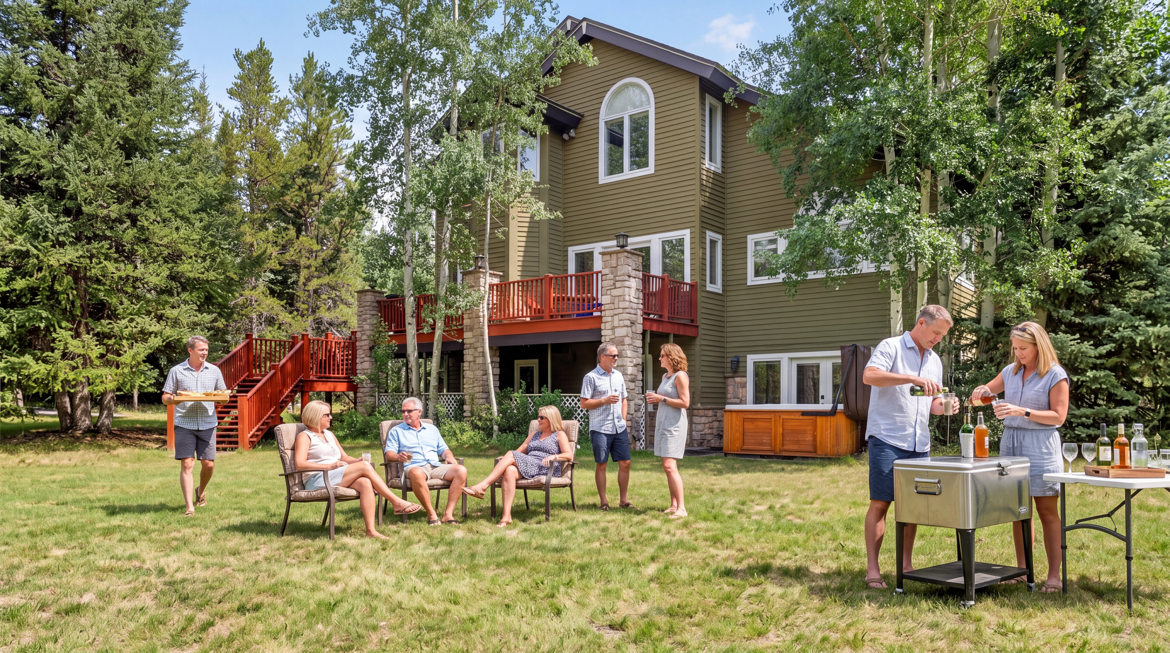 This image showcases a spacious, grassy backyard area of a multi-story home, ideal for outdoor entertaining with a large deck and private spa. The residence features natural green siding and architectural details like stone accents on the deck supports. A group of people are socialized in the lawn space, emphasizing the property's suitability for hosting gatherings in a scenic, wooded environment.