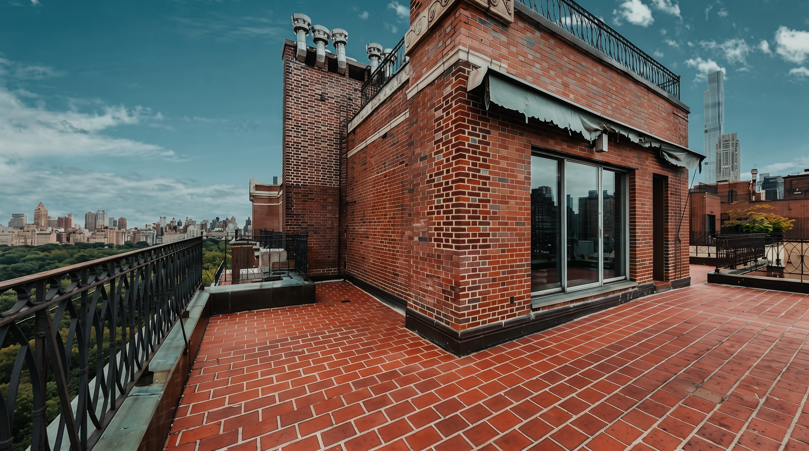 This expansive rooftop terrace features red brick tiling and a classic wrought-iron railing, offering a panoramic view of the city skyline and a nearby park. The brick-clad structure includes a sliding glass door entrance and a retractable awning, creating a sophisticated outdoor living space. The perspective is captured from a slightly elevated angle, emphasizing the generous size of the deck and its prime urban location.