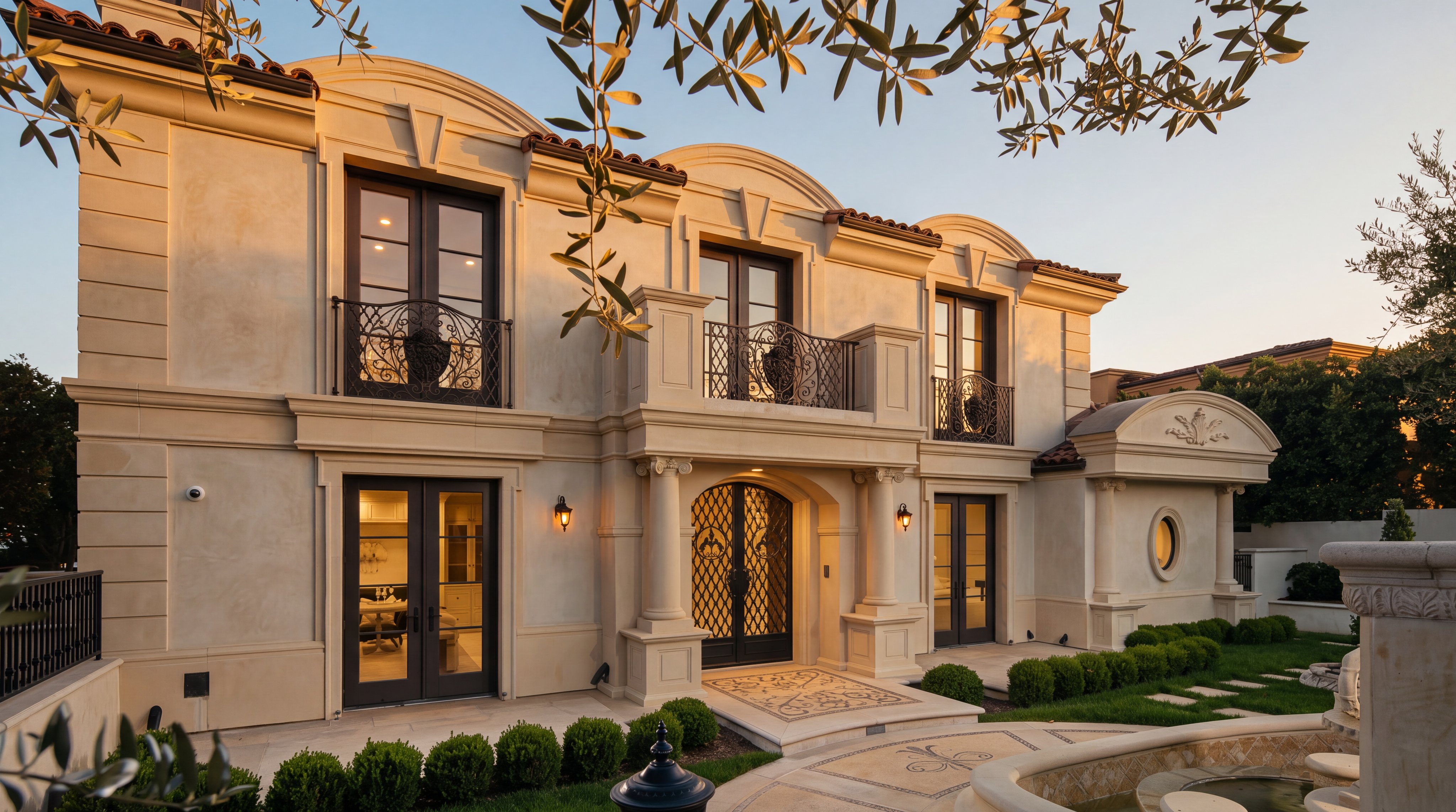 This elegant Mediterranean-style estate is captured at twilight, highlighting its symmetrical facade and intricate architectural details. The home features a grand central entryway with a decorative metal door, flanked by tall windows and balconies with ornate iron railings. A manicured lawn, neatly trimmed hedges, and a stone-paved courtyard with a fountain create a sophisticated and welcoming entrance.