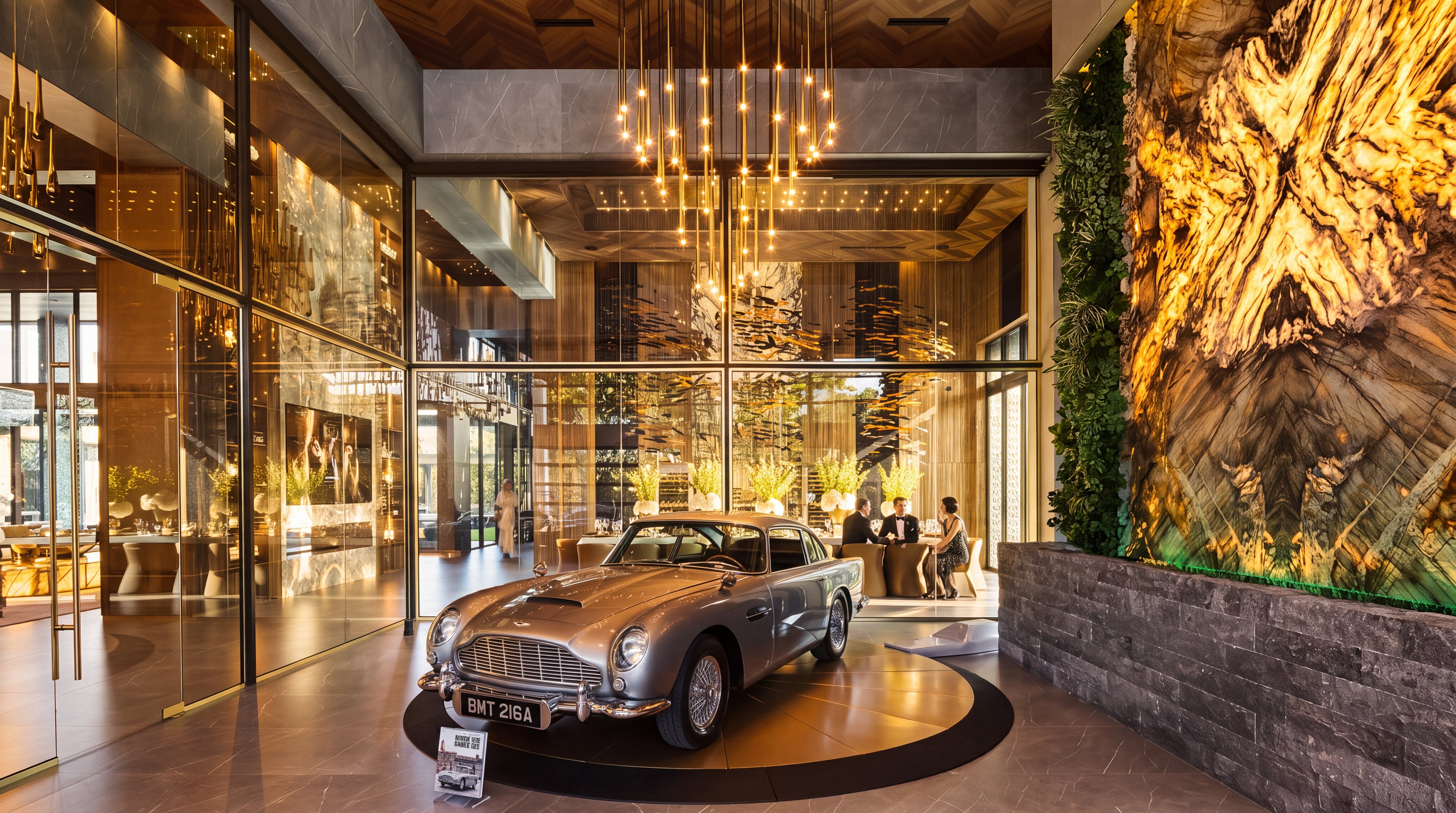This dramatic interior space serves as a luxury display gallery, featuring a classic silver Aston Martin parked on a circular rotating platform. The room is defined by expansive glass walls, a warm wood-paneled ceiling with a cascading chandelier, and a striking, illuminated stone feature wall adorned with vertical greenery. The perspective is centered on the vehicle, emphasizing the high-end, museum-like aesthetic of this unique residential showcase.