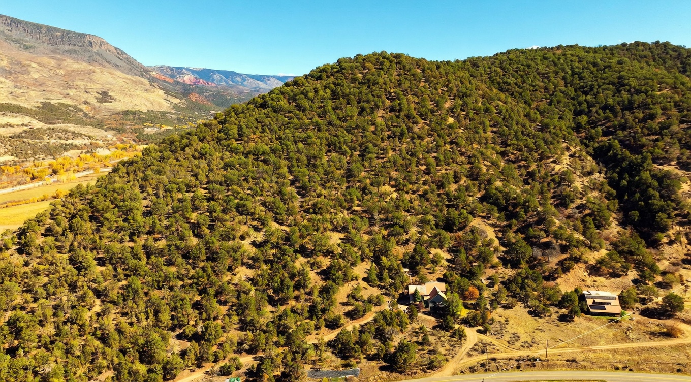 This wide-angle aerial perspective captures a secluded residential property nestled against a vast, tree-covered hillside. The landscape features a mix of dense evergreen foliage and open, arid terrain, with a winding dirt driveway leading to the main house and a detached structure. The expansive mountain backdrop and clear blue sky emphasize the property's remote and scenic location.