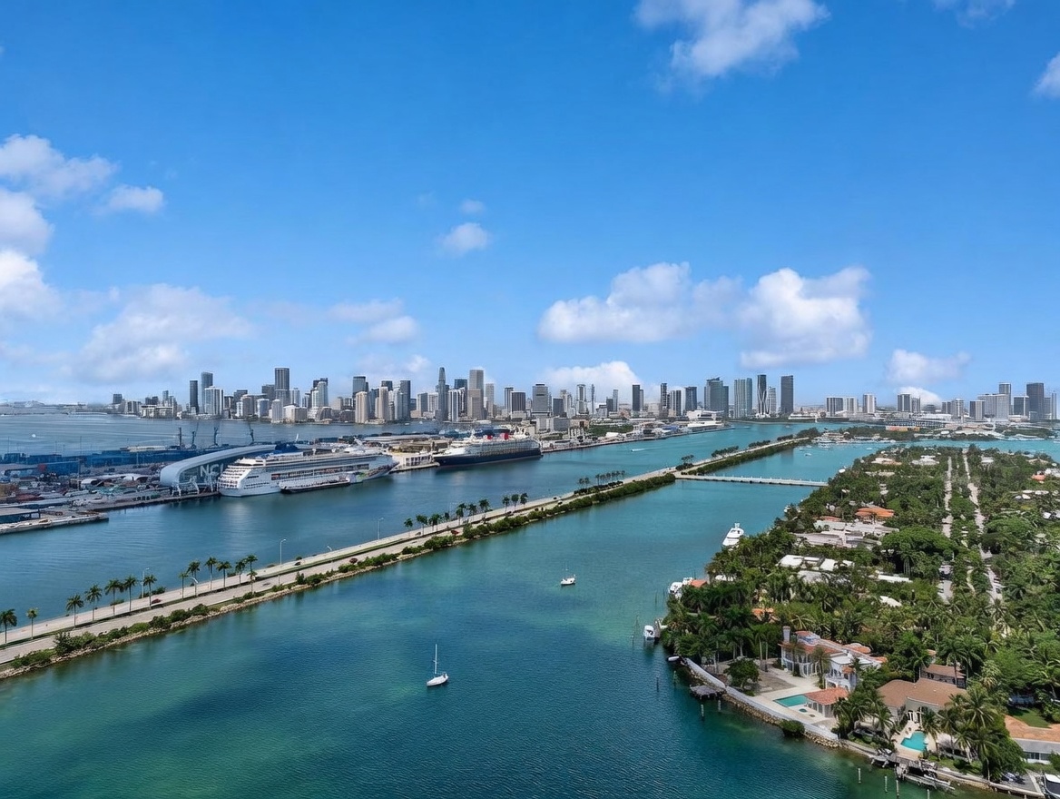 This high-altitude aerial view captures a sprawling coastal landscape featuring a vibrant blue waterway that separates a lush, tree-lined residential area from a bustling cruise port and a distant city skyline. The perspective highlights the contrast between the serene, tropical waterfront properties in the foreground and the dense urban development across the bay. The clear, sunny sky and expansive water views emphasize the prime location and scenic appeal of the property's surroundings.