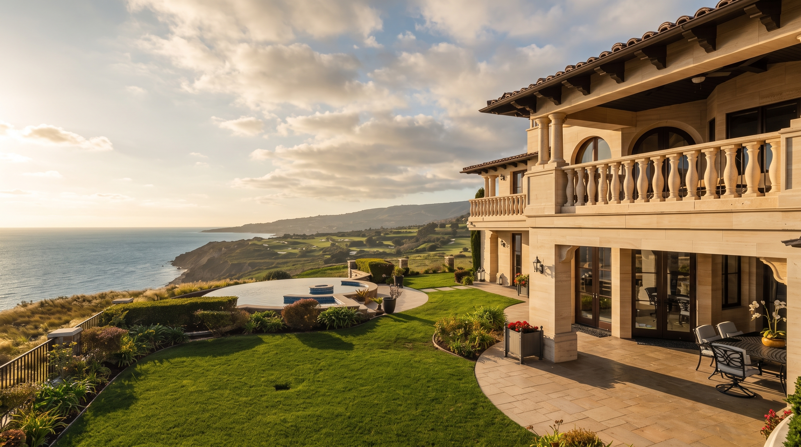 This luxurious Mediterranean-style estate features a sprawling rear lawn and a stone-paved patio overlooking a dramatic coastal cliffside and the ocean. The home showcases elegant architectural details, including a second-story balcony with stone balustrades and a covered ground-level loggia. A circular infinity-edge pool and spa are integrated into the landscape, creating a seamless transition between the manicured grounds and the expansive horizon.