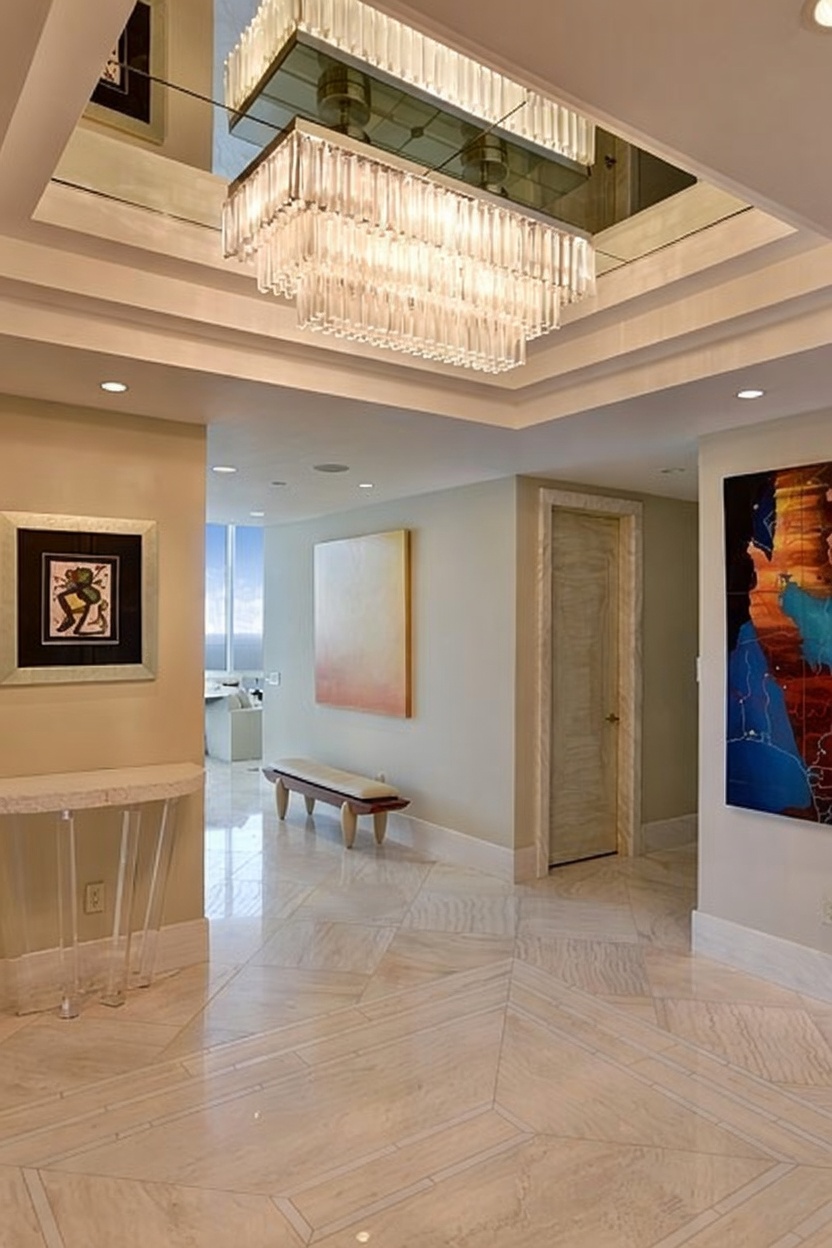 This elegant foyer or hallway features a polished stone floor with a geometric inlay pattern and a dramatic, multi-tiered crystal chandelier suspended from a recessed ceiling. The space is decorated with framed artwork and a minimalist console table, leading toward a bright, open area with a bench and a view of the outdoors. The neutral color palette and clean lines create a sophisticated and welcoming atmosphere.
