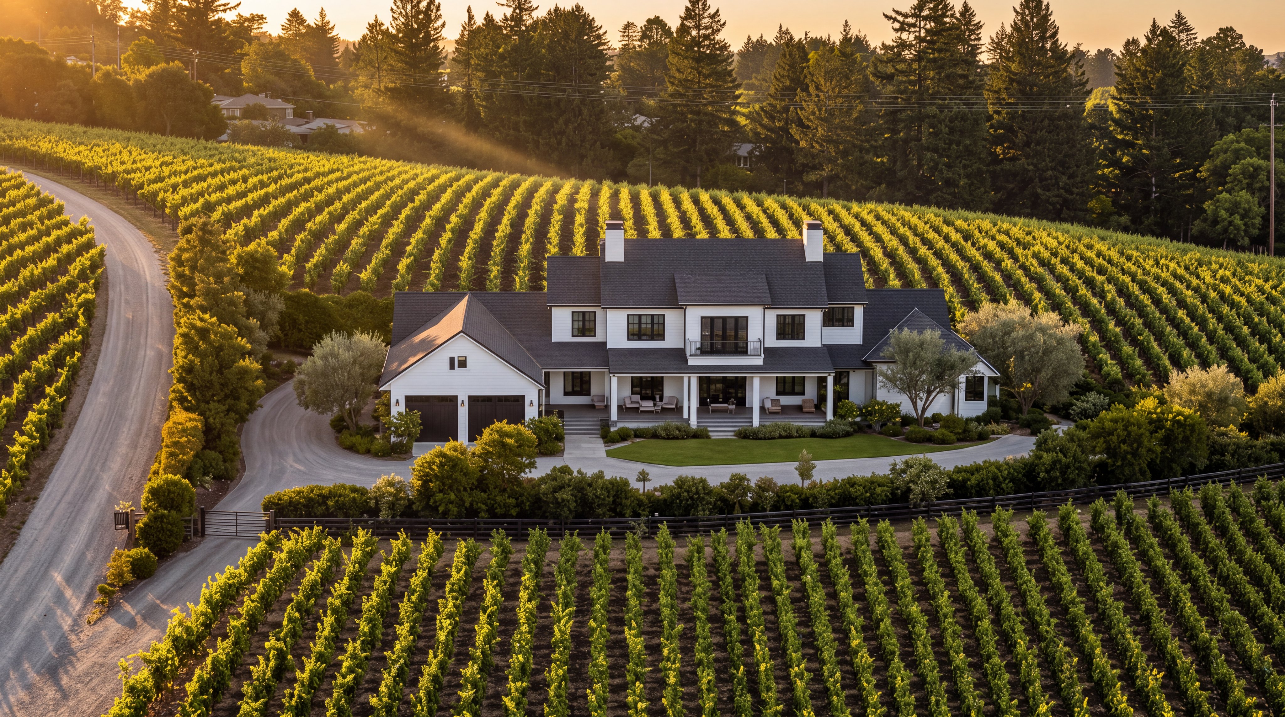 This aerial view showcases a luxurious, modern farmhouse-style estate nestled within an extensive, meticulously maintained vineyard. The property features a white exterior with dark window frames and a matching multi-gabled roof, complemented by a wraparound front porch and a paved driveway leading to an attached garage. The surrounding lush landscape, complete with manicured lawn areas and mature trees, highlights a serene and upscale rural living environment.