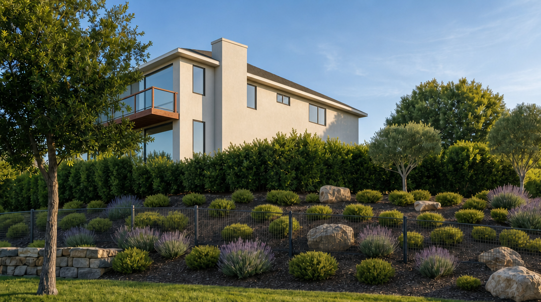 This modern multi-story home features a sleek, minimalist design with smooth stucco siding, clean architectural lines, and a prominent balcony overlooking the landscaping. The property is situated on a gently sloped lot, highlighted by tiered stone retaining walls, lush shrubbery, decorative lavender, and large landscape boulders, creating a sophisticated and manicured curb appeal.