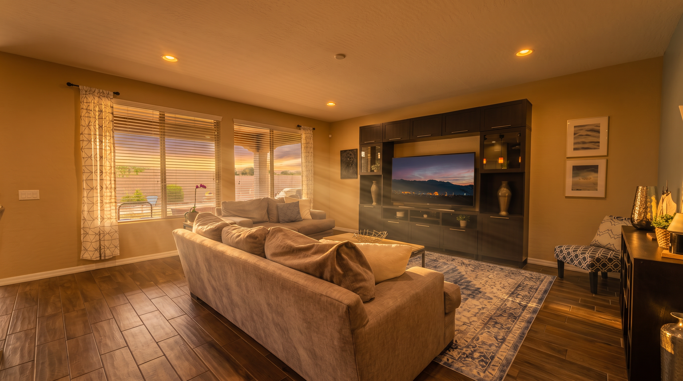 This spacious living room features wood-look tile flooring and a large, dark-toned media center that serves as a focal point for the television. A plush, light-colored sectional sofa sits atop a blue and white patterned area rug, creating a comfortable seating area. Large windows with blinds allow natural light to fill the room, while a patterned accent chair and framed wall art add decorative touches to the space.
