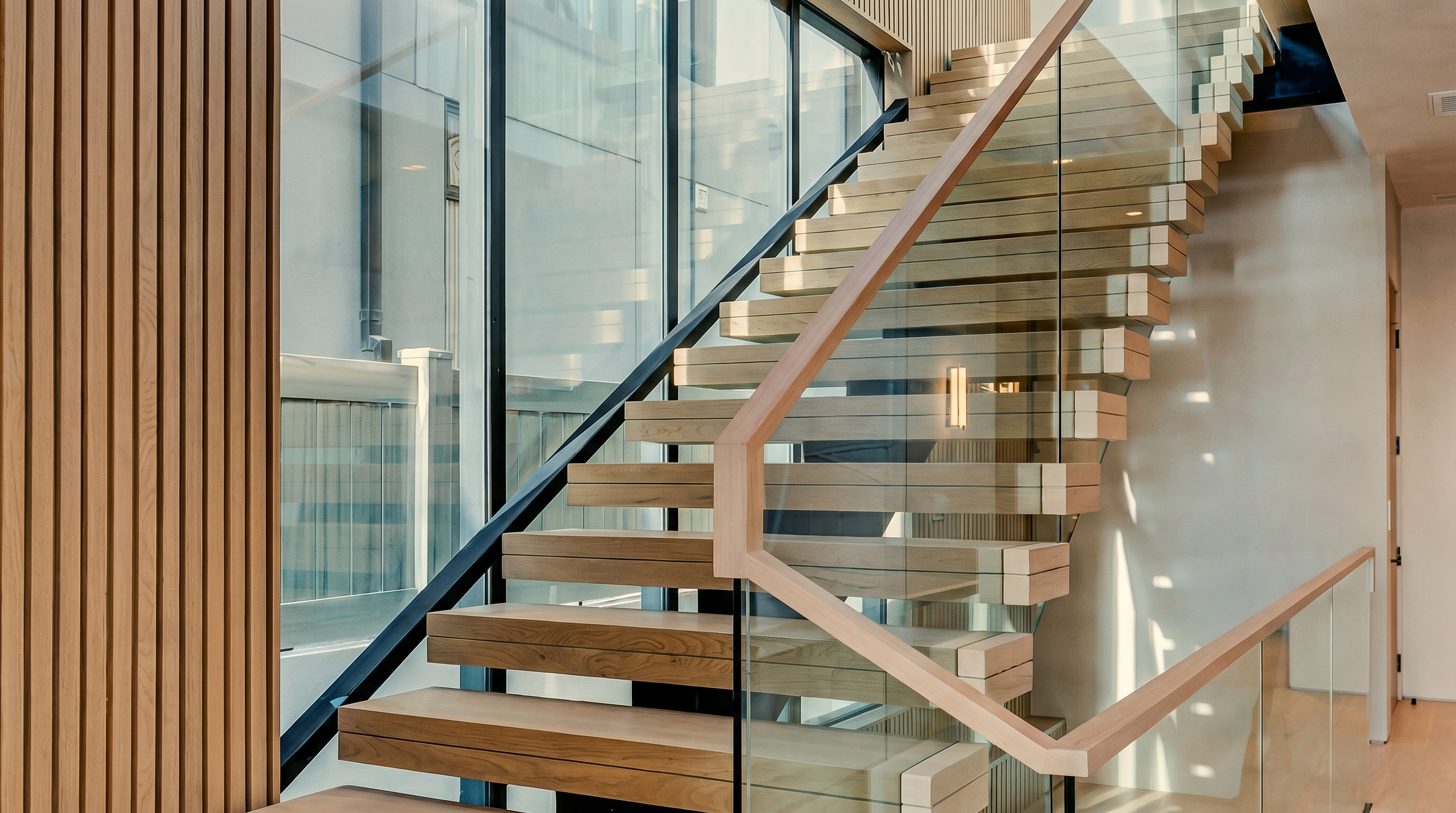 This modern staircase features floating light wood treads and a sleek glass railing, creating an open and airy aesthetic. The wall alongside the stairs is finished with vertical wood slats, while large windows provide abundant natural light and a view of the exterior. The perspective is captured from the base of the stairs, emphasizing the verticality and architectural design of the space.