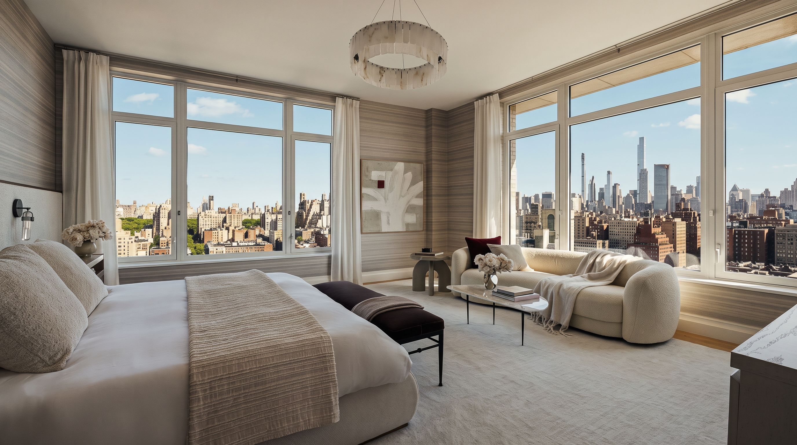 This luxurious primary bedroom features a neutral color palette with textured wallpaper and plush carpeting, creating a serene and sophisticated atmosphere. The room is anchored by a large bed and a curved sofa positioned near expansive windows that offer panoramic views of the city skyline. A modern, circular chandelier serves as a focal point, while minimalist decor and soft lighting enhance the elegant, high-end aesthetic.