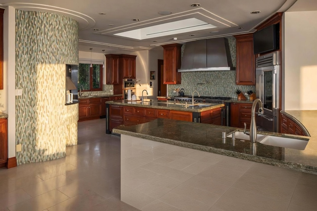 This spacious, high-end kitchen features rich wood cabinetry, stone countertops, and a large central island with a built-in sink. A distinctive curved wall covered in mosaic tile adds a unique architectural element, while a large skylight above the main cooking area provides ample natural light. The perspective captures the expansive layout, highlighting the professional-grade appliances and the seamless flow between the prep areas and the main kitchen space.
