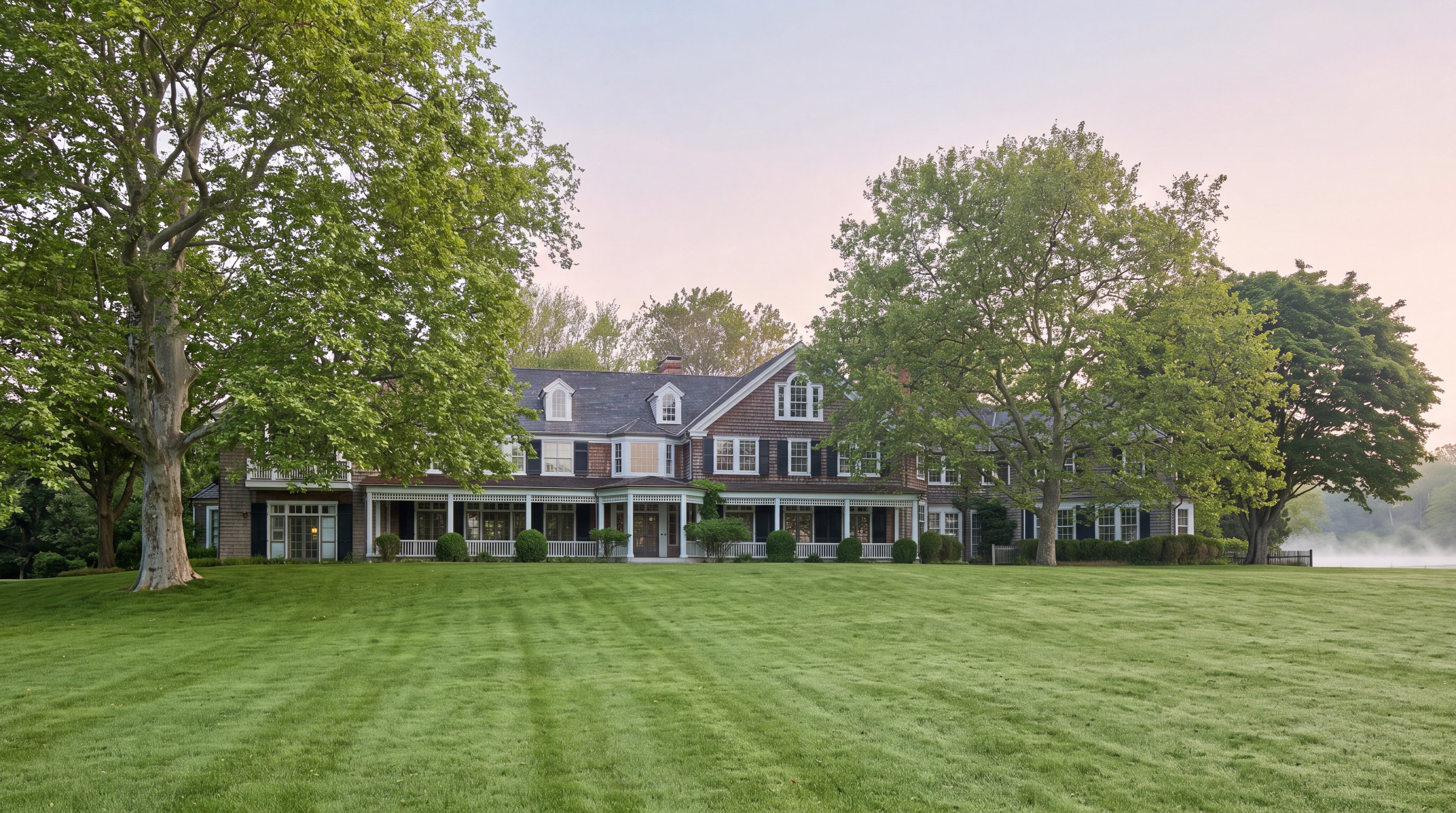 This is a quintessential shingle-style estate home showcasing classic architectural details like a prominent covered wrap-around porch and elegant dormer windows. The residence is situated on a perfectly manicured lawn, surrounded by lush, mature trees that provide a serene and established setting. Its sophisticated, time-honored design offers immense curb appeal and a sense of refined luxury.