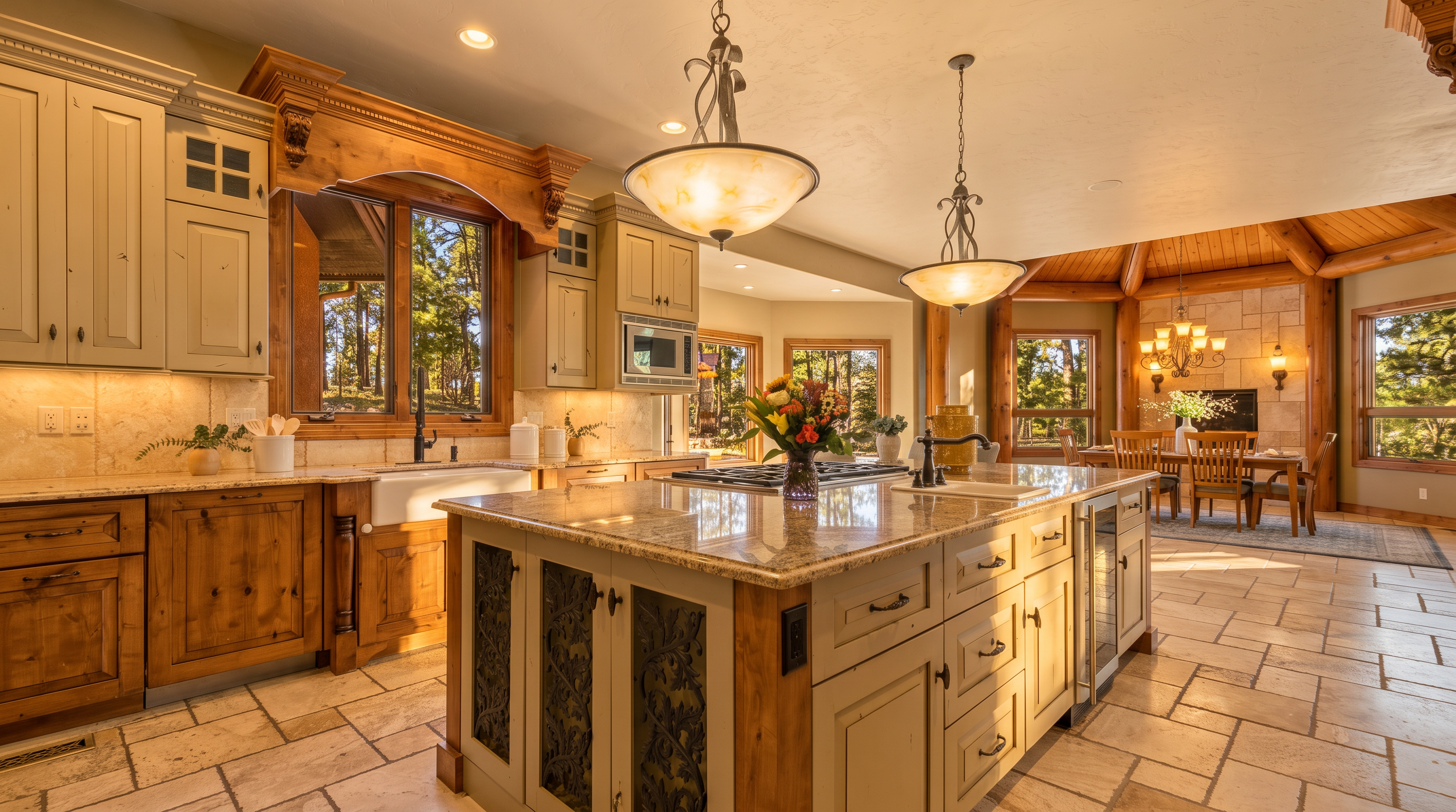 This spacious, rustic-inspired kitchen features a large central island with decorative metal-grille cabinet doors and a stone countertop. The perimeter includes a mix of light-toned and natural wood cabinetry, a farmhouse-style sink, and a prominent wooden hood vent over the cooktop. The room is illuminated by two large pendant lights and flows seamlessly into an adjacent dining area with a stone-clad chimney breast and large windows overlooking the surrounding trees.