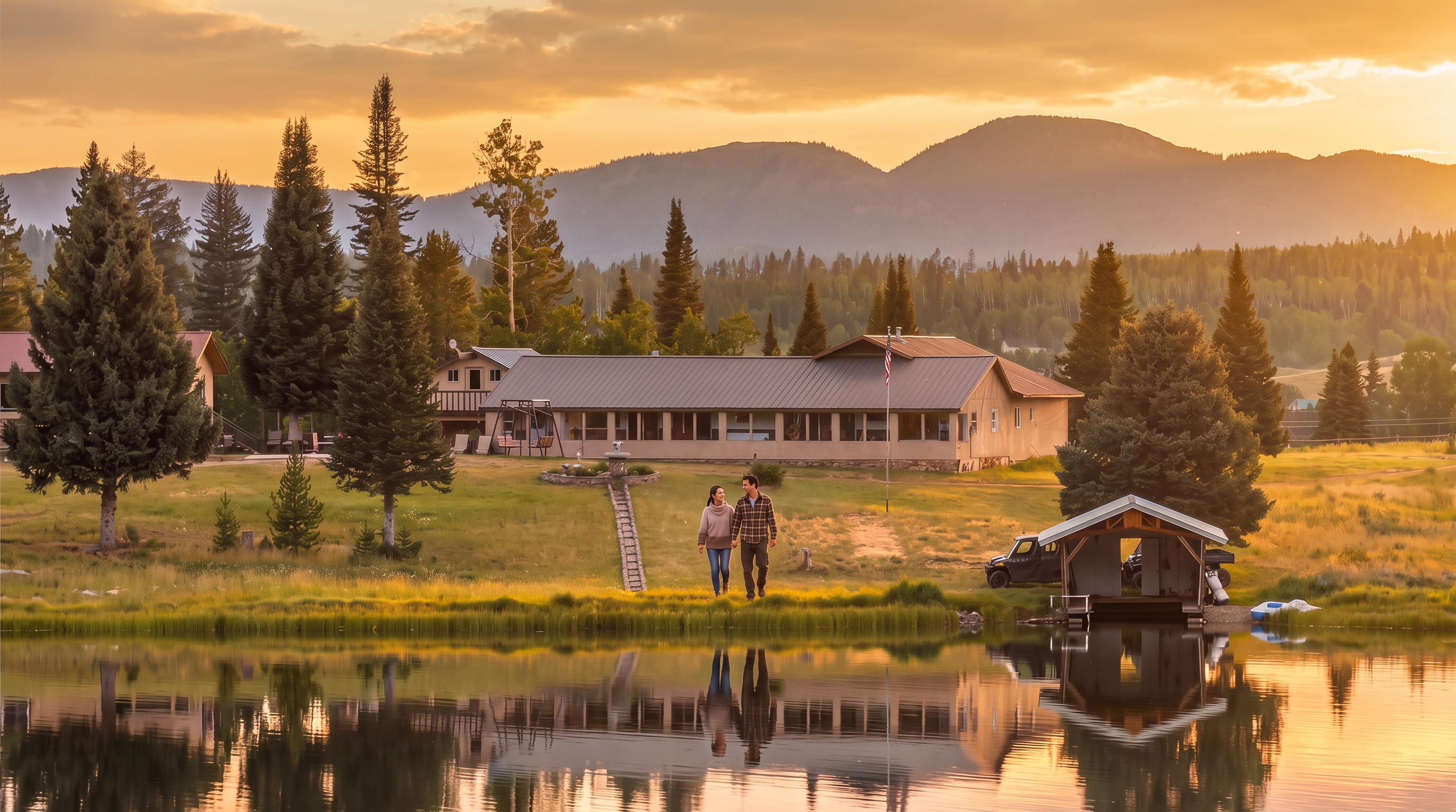 This serene property features a sprawling ranch-style home set against a breathtaking mountain backdrop during a vibrant sunset. The expansive, well-maintained lawn stretches toward a tranquil lake, complemented by a covered boat slip and mature evergreen trees that frame the landscape perfectly. The scene creates an inviting and peaceful atmosphere, highlighting the home's premier waterfront location.