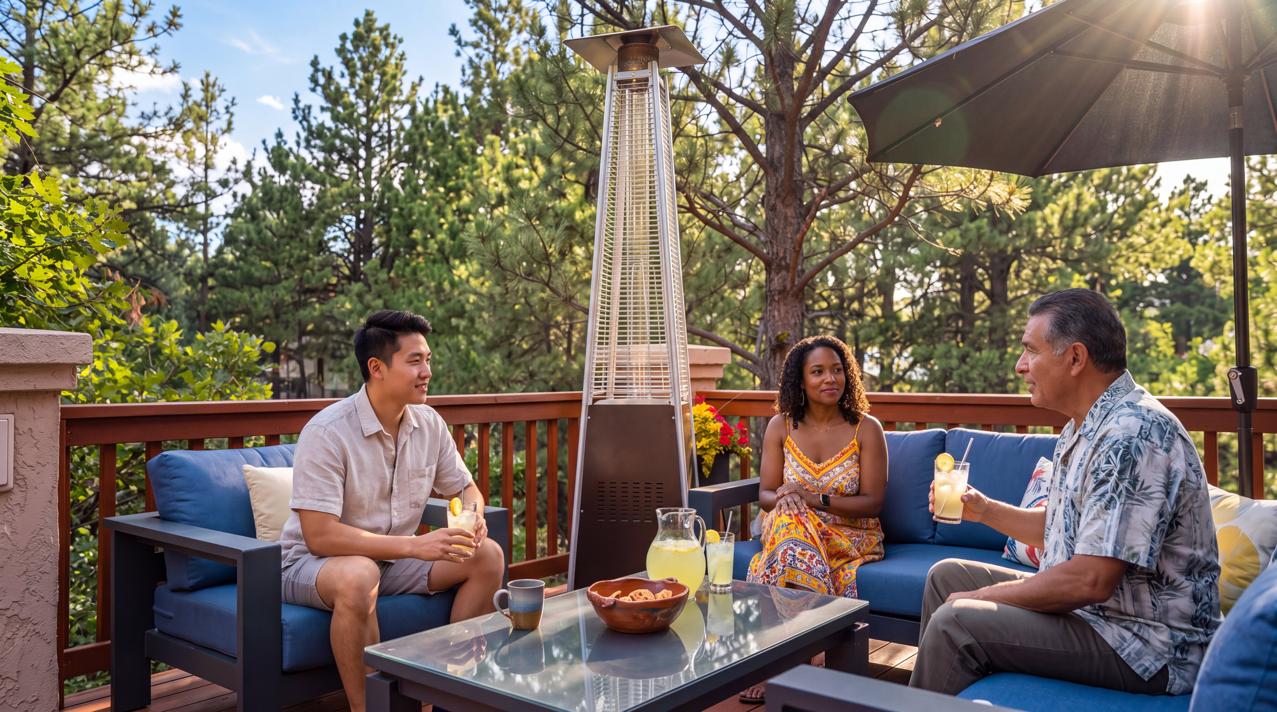 This cozy outdoor deck space features comfortable blue patio furniture arranged around a modern pyramid-style fire heater, creating an inviting atmosphere for evening relaxation. The setting, framed by mature pine trees and dusk lighting, highlights an ideal area for social gatherings and outdoor entertaining. The space is well-designed with a glass-topped table and ambient lighting, emphasizing a peaceful and private retreat for residents.