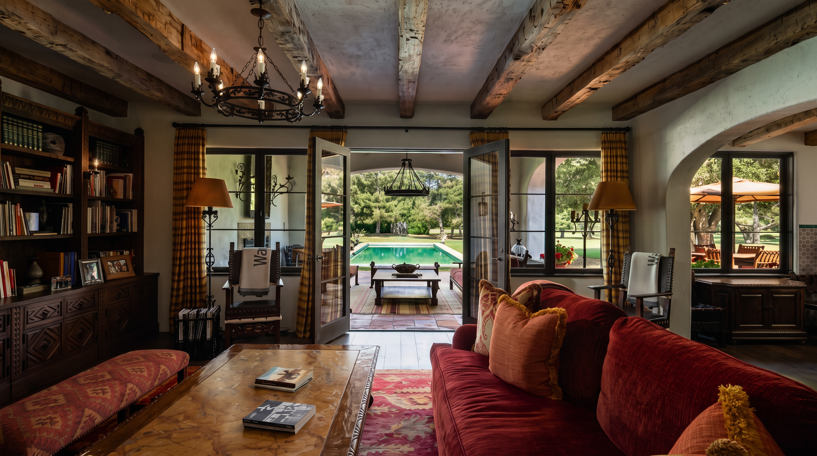 This inviting living room features a warm, rustic aesthetic with exposed wooden ceiling beams and a vibrant patterned area rug. A plush red sofa anchors the space, which opens through double glass doors to a covered patio and a sparkling swimming pool beyond. The room is accented by a large wooden coffee table, built-in bookshelves, and a classic chandelier, creating a comfortable and sophisticated atmosphere.