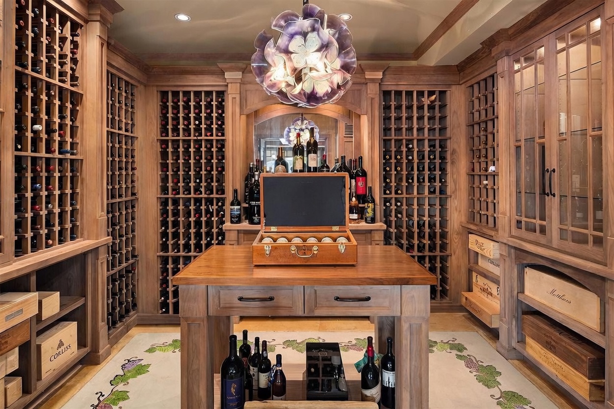 This sophisticated wine cellar features extensive custom wood cabinetry with dedicated bottle storage racks lining the walls. A central wooden tasting table holds a wine accessory case, while a unique, artistic floral-shaped light fixture hangs overhead. The room is accented by a decorative rug with grape vine motifs, creating an elegant and refined atmosphere for wine enthusiasts.