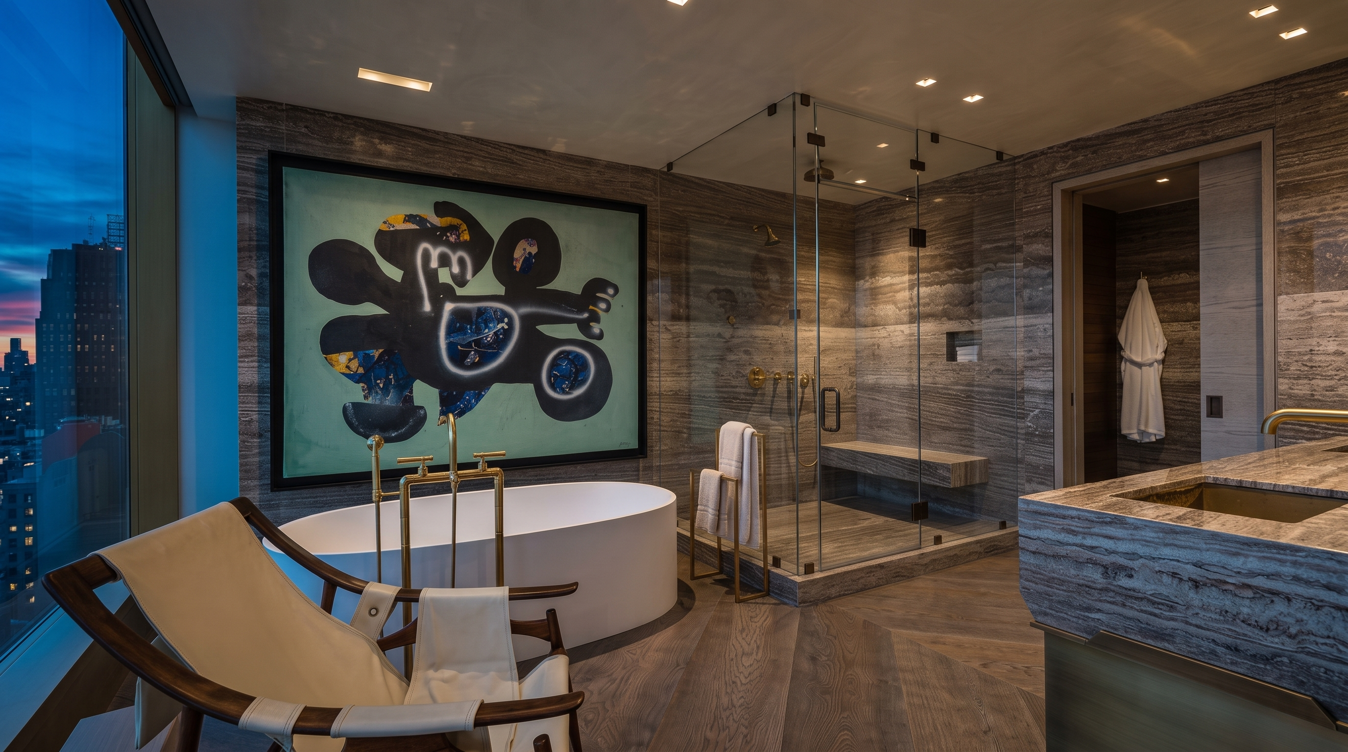 This luxurious primary bathroom features a freestanding soaking tub positioned beneath a large, vibrant piece of abstract art. The space is anchored by a glass-enclosed walk-in shower with stone-clad walls and a matching stone bench, complemented by a vanity with a stone countertop and gold-toned fixtures. A wooden lounge chair sits in the foreground, and the room is bathed in natural light from the floor-to-ceiling windows that offer an expansive city view.