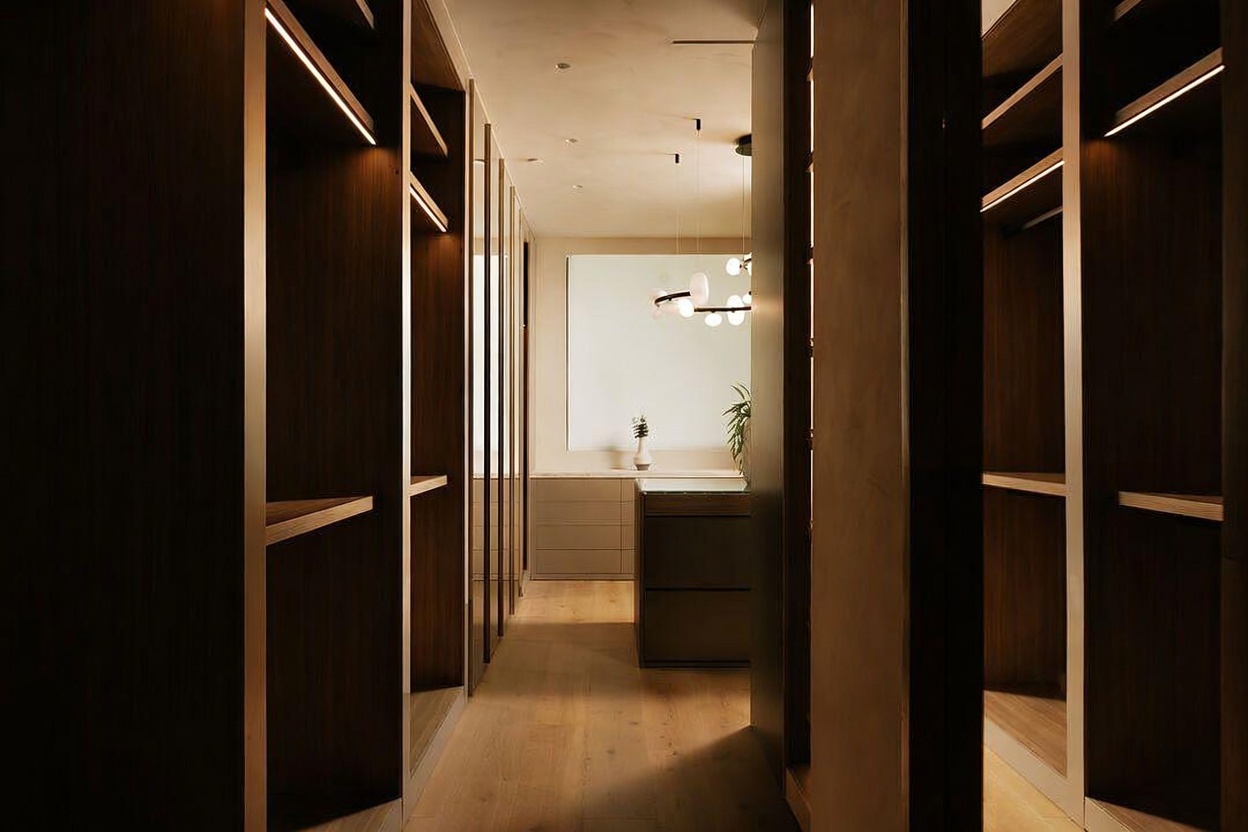 This sophisticated walk-in closet features dark wood cabinetry with integrated LED lighting, creating a warm and luxurious atmosphere. The perspective looks down a central aisle toward a light-toned vanity area adorned with a modern light fixture and a decorative plant. The clean lines and minimalist design emphasize a high-end, organized storage space.