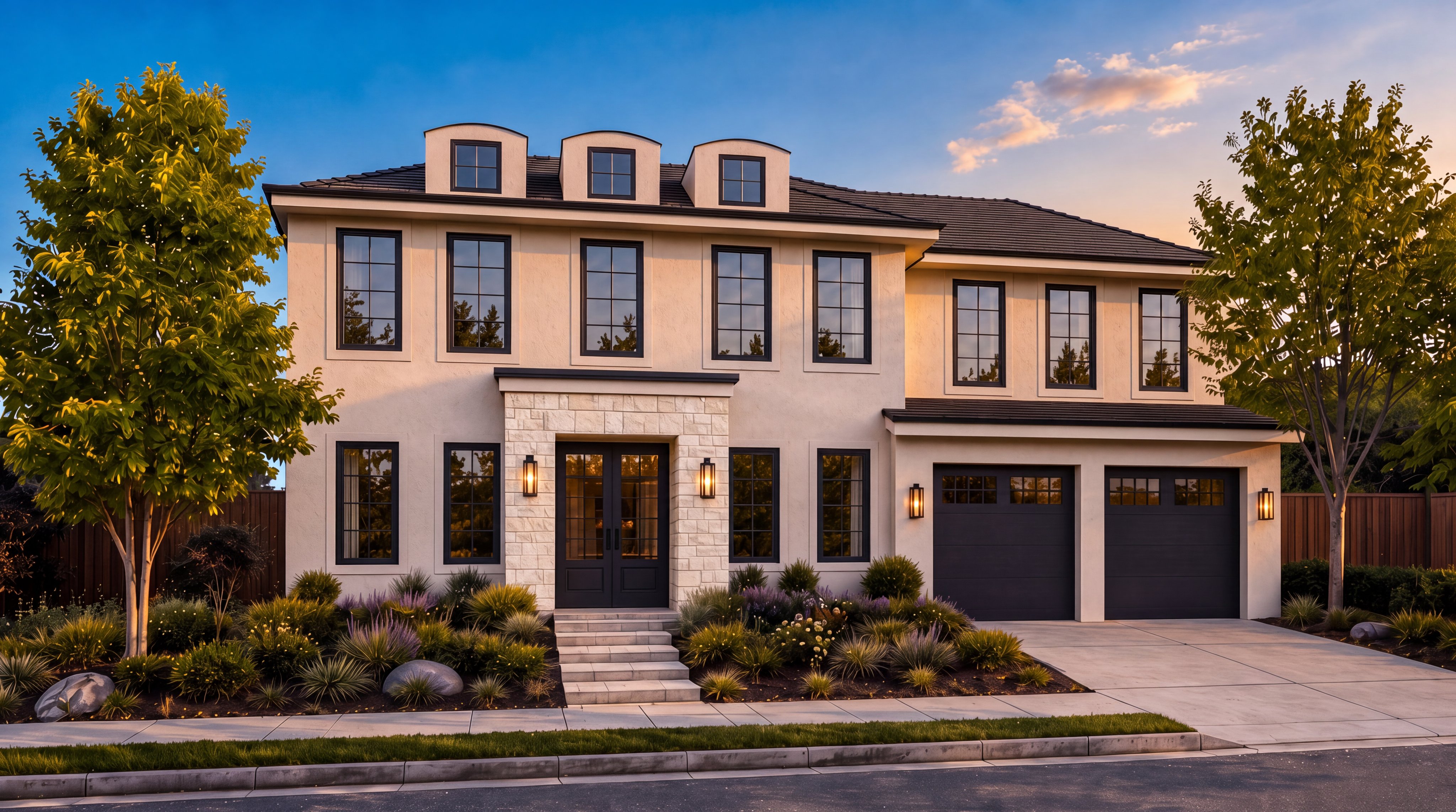 This stunning two-story traditional home features a light stucco facade with elegant stone accents around the central entryway. It boasts a symmetrical design with dark-framed multi-pane windows, a tiled roof with dormers, and a functional two-car garage. The property is complemented by beautifully manicured landscaping and a clean concrete driveway, creating an inviting and sophisticated curb appeal.