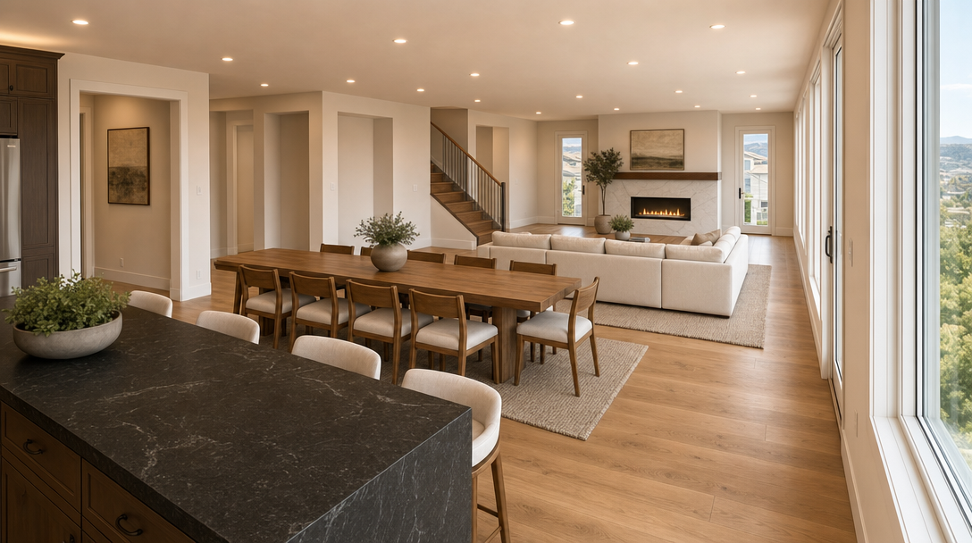 This modern open-concept floor plan features a seamless transition between a high-end kitchen with a dark stone island and a spacious dining and living area. The room is anchored by a stone-faced fireplace with a natural wood mantel and is bathed in natural light from large windows looking out onto a scenic landscape. With warm wood flooring, neutral contemporary upholstery, and clean architectural lines, the space exudes a sophisticated and inviting atmosphere.
