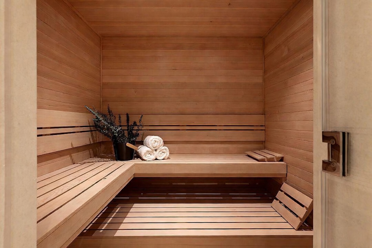 This image shows the interior of a custom-built wooden sauna, featuring light-toned wood paneling throughout the walls and tiered bench seating. A small black bucket with a wooden ladle and a stack of white rolled towels sit on the bench, adding a spa-like touch to the space. The perspective is from the doorway, looking into the warm, enclosed environment.