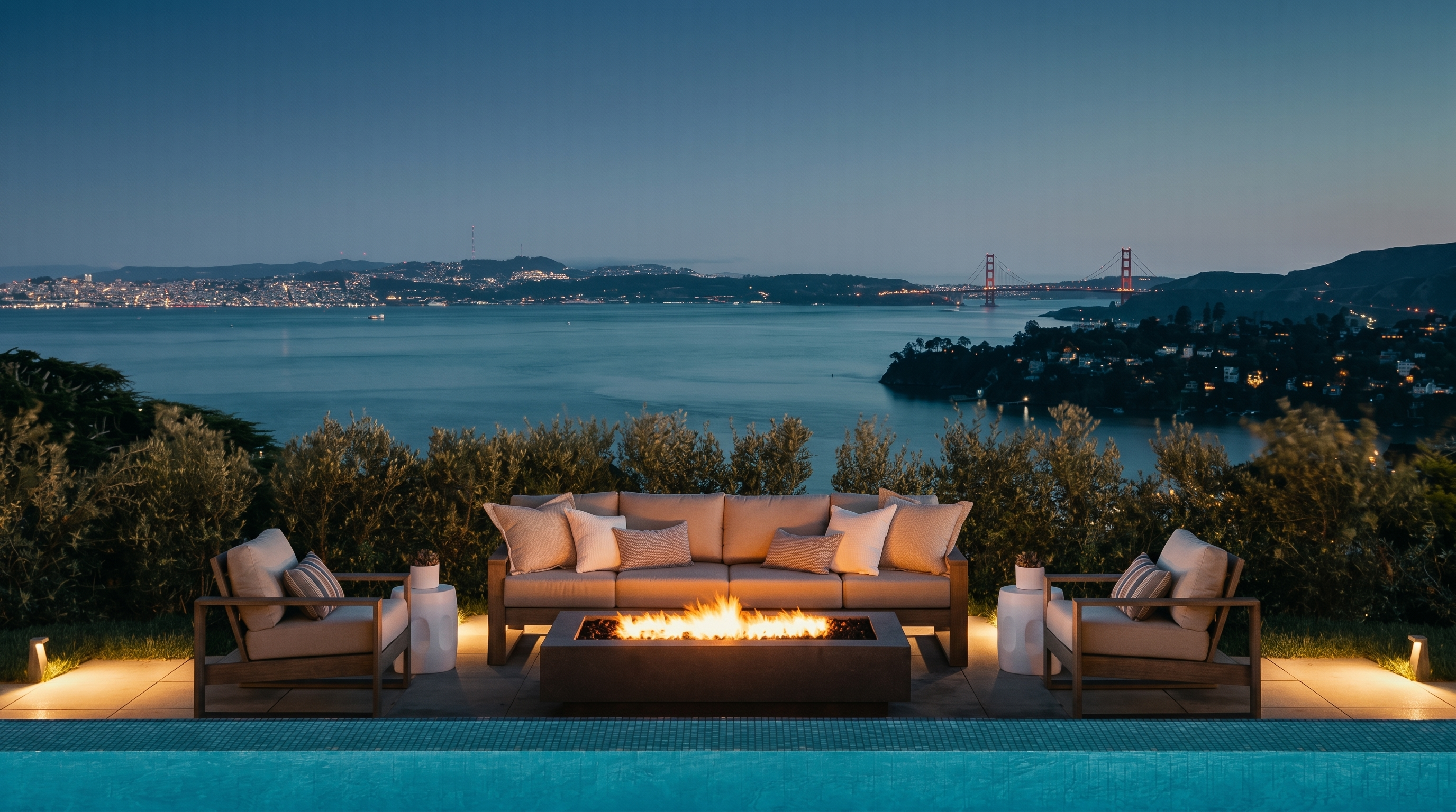 This stunning outdoor living space features a modern fire pit centered between a plush sofa and two matching armchairs, all arranged on a paved patio overlooking a serene infinity pool. The scene is framed by lush greenery and offers a breathtaking, panoramic view of the bay and the Golden Gate Bridge at twilight. The composition creates a sophisticated and tranquil atmosphere, perfect for evening relaxation and entertaining.