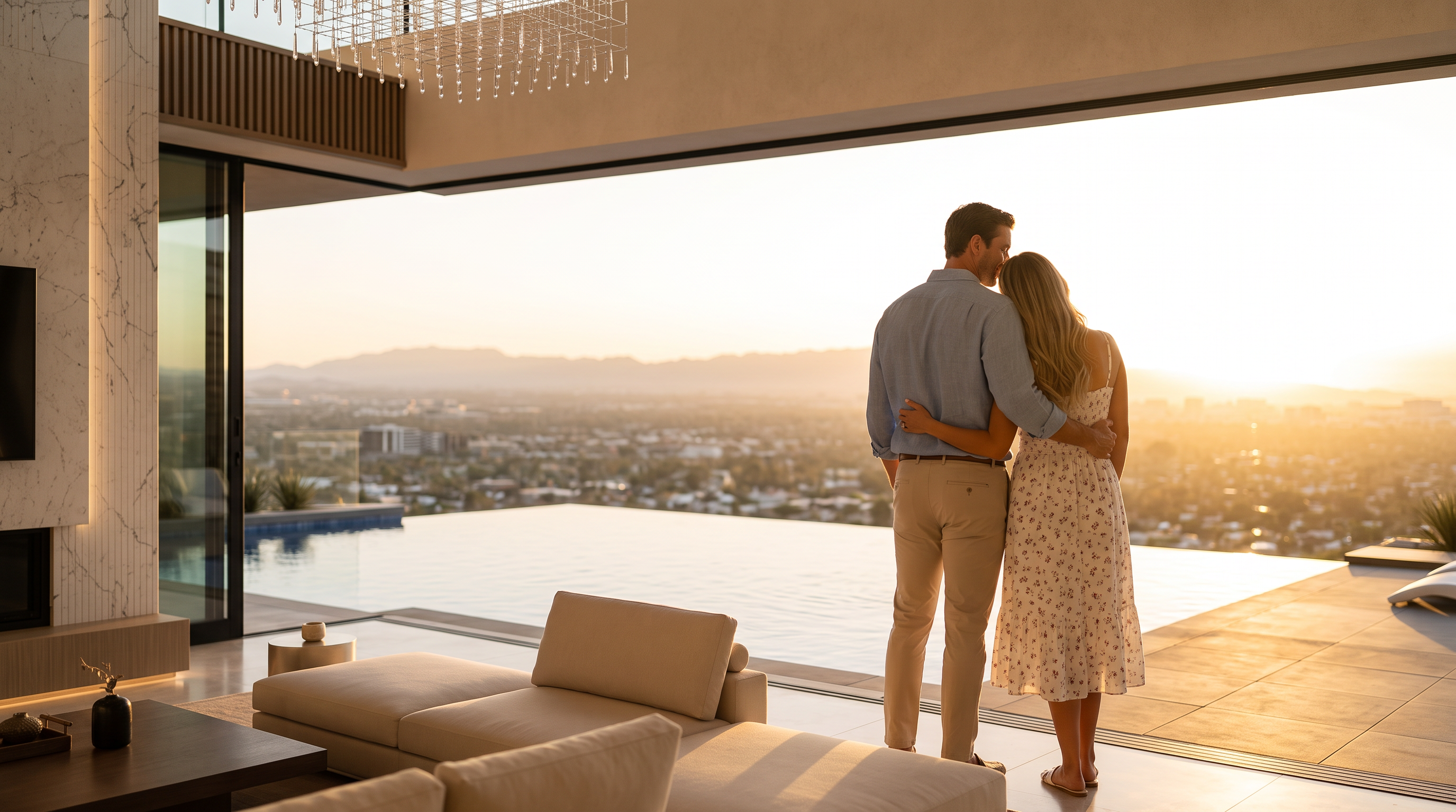 This sophisticated indoor-outdoor living area features a seamless transition from a modern living room to a sprawling balcony with an infinity pool overlooking a sprawling city view. The space is highlighted by a luxurious interior design, elegant lighting fixtures, and expansive glass doors that frame the stunning sunset panorama. It creates an atmosphere of upscale, serene living, ideal for high-end real estate marketing.